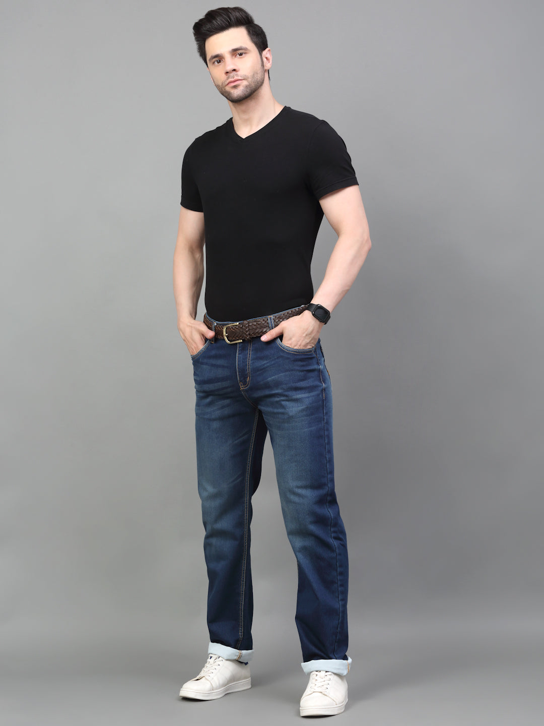 Blue Denim Mid Rise Egyptian Cotton Super Stretch Butter Comfort Jeans-Slim Fit