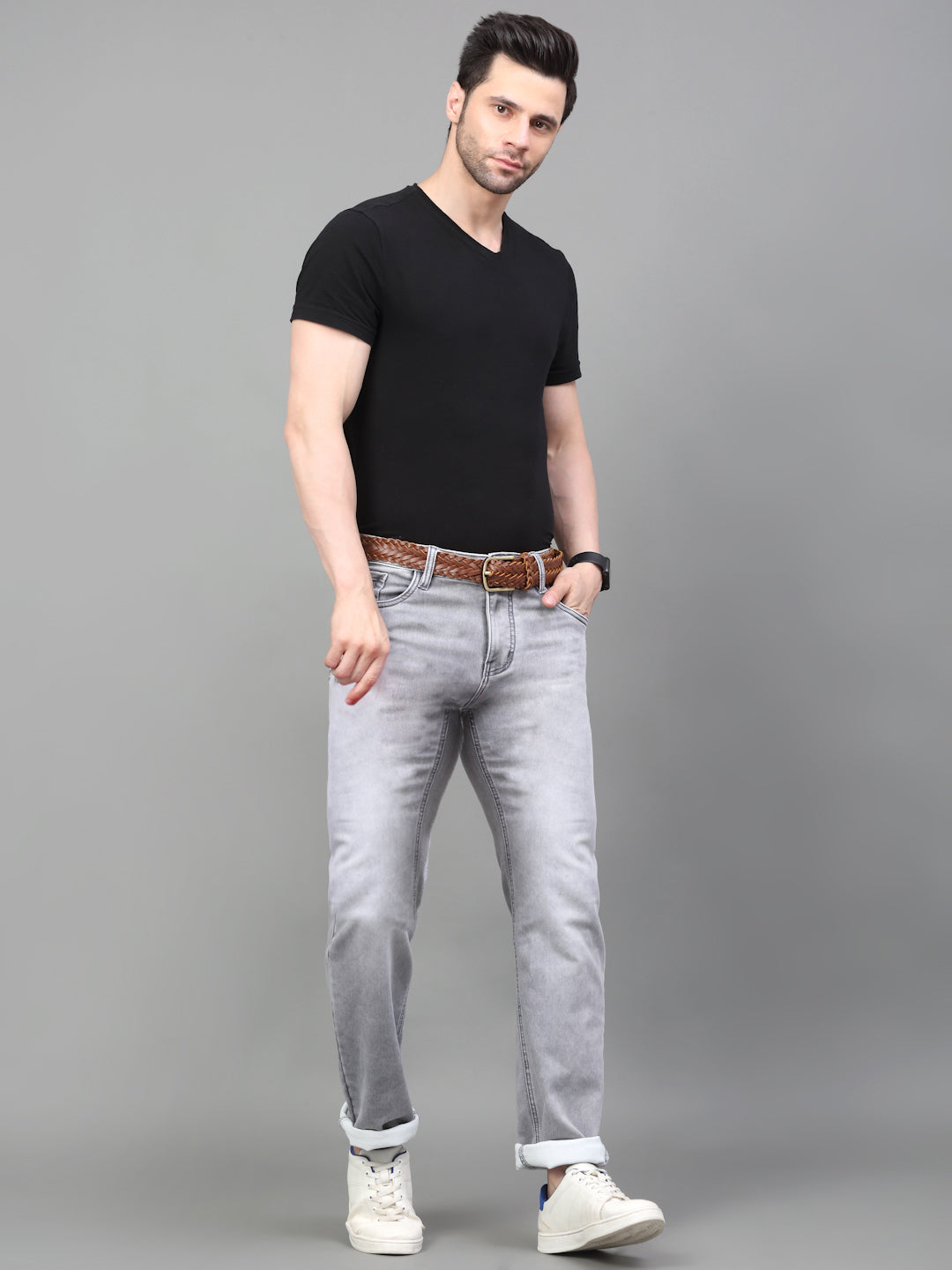 Grey Denim Mid Rise Egyptian Cotton Super Stretch Butter Comfort Jeans-Slim Fit