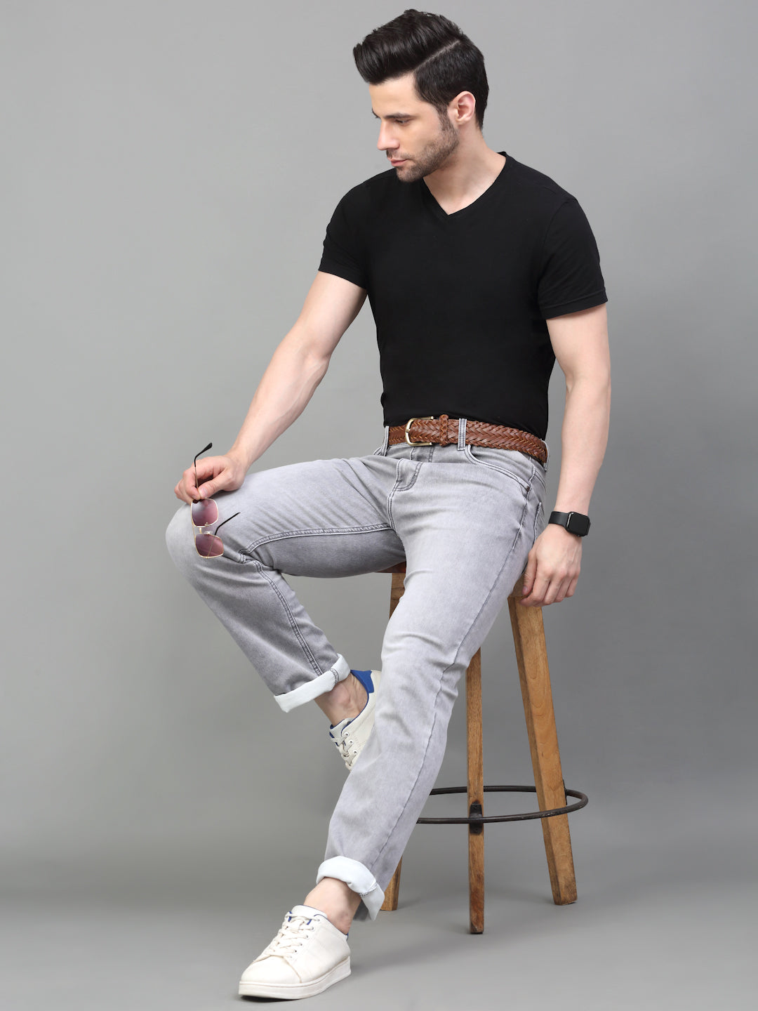 Grey Denim Mid Rise Egyptian Cotton Super Stretch Butter Comfort Jeans-Slim Fit