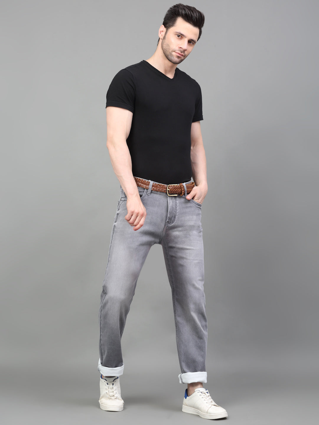 Grey Denim Mid Rise Egyptian Cotton Super Stretch Butter Comfort Jeans-Slim Fit