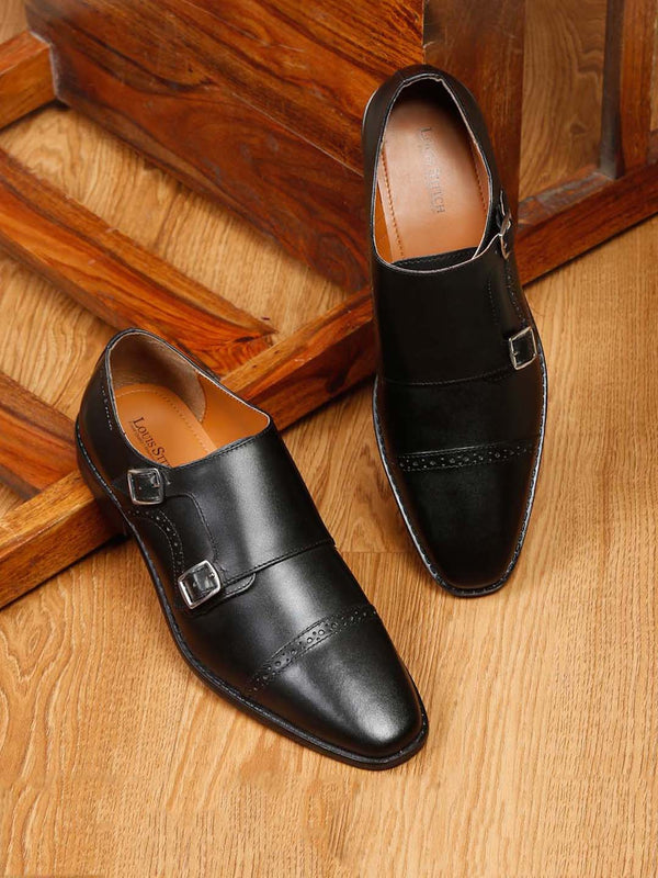 Italian Leather Double Monk Strap Jet Black Shoes for Men