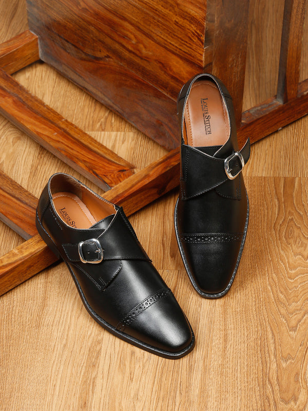Italian Leather Single Monk Strap Jet Black Shoes for Men
