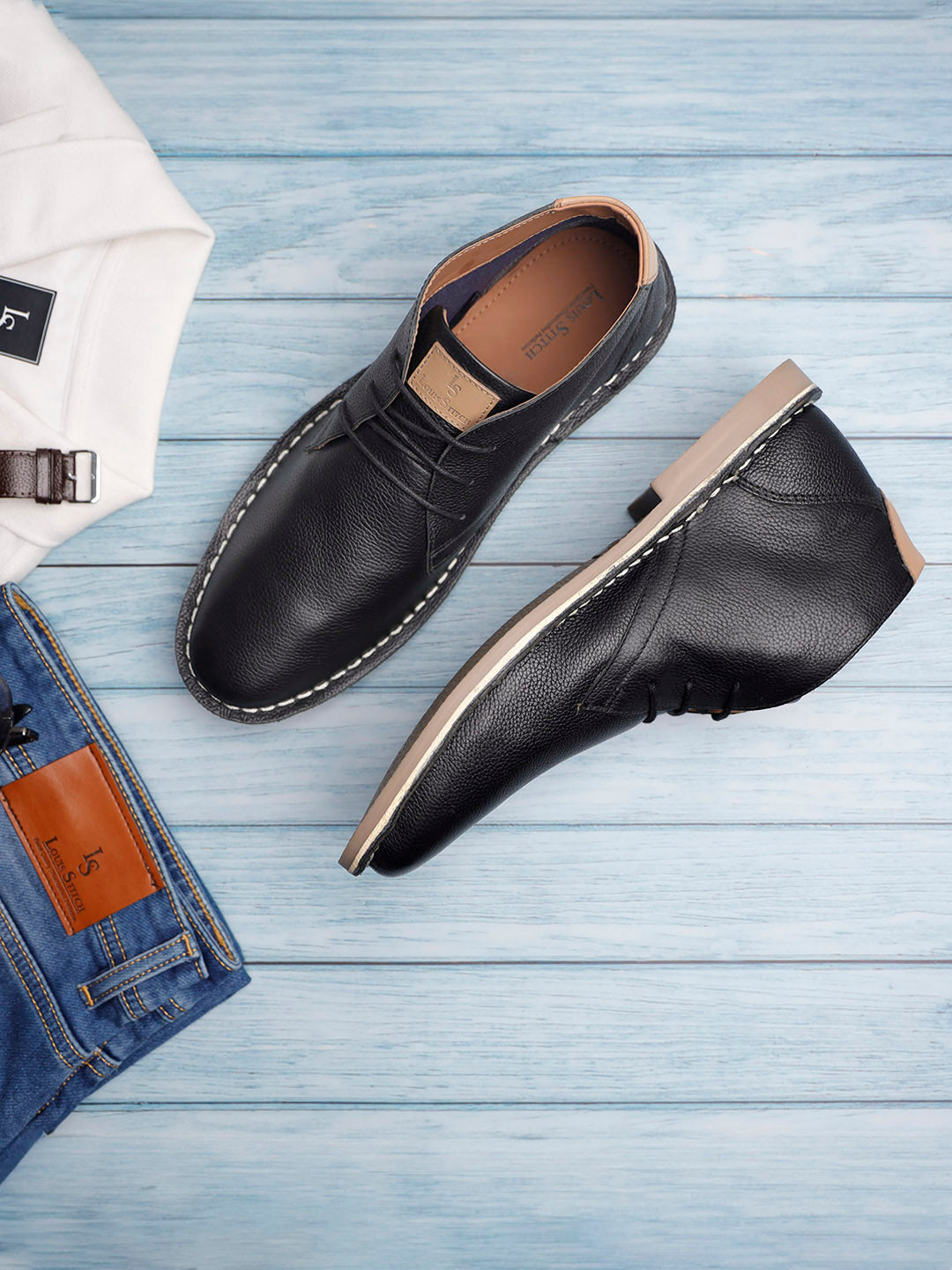 Jet Black Italian Leather British Stitch Down Chukka Boots