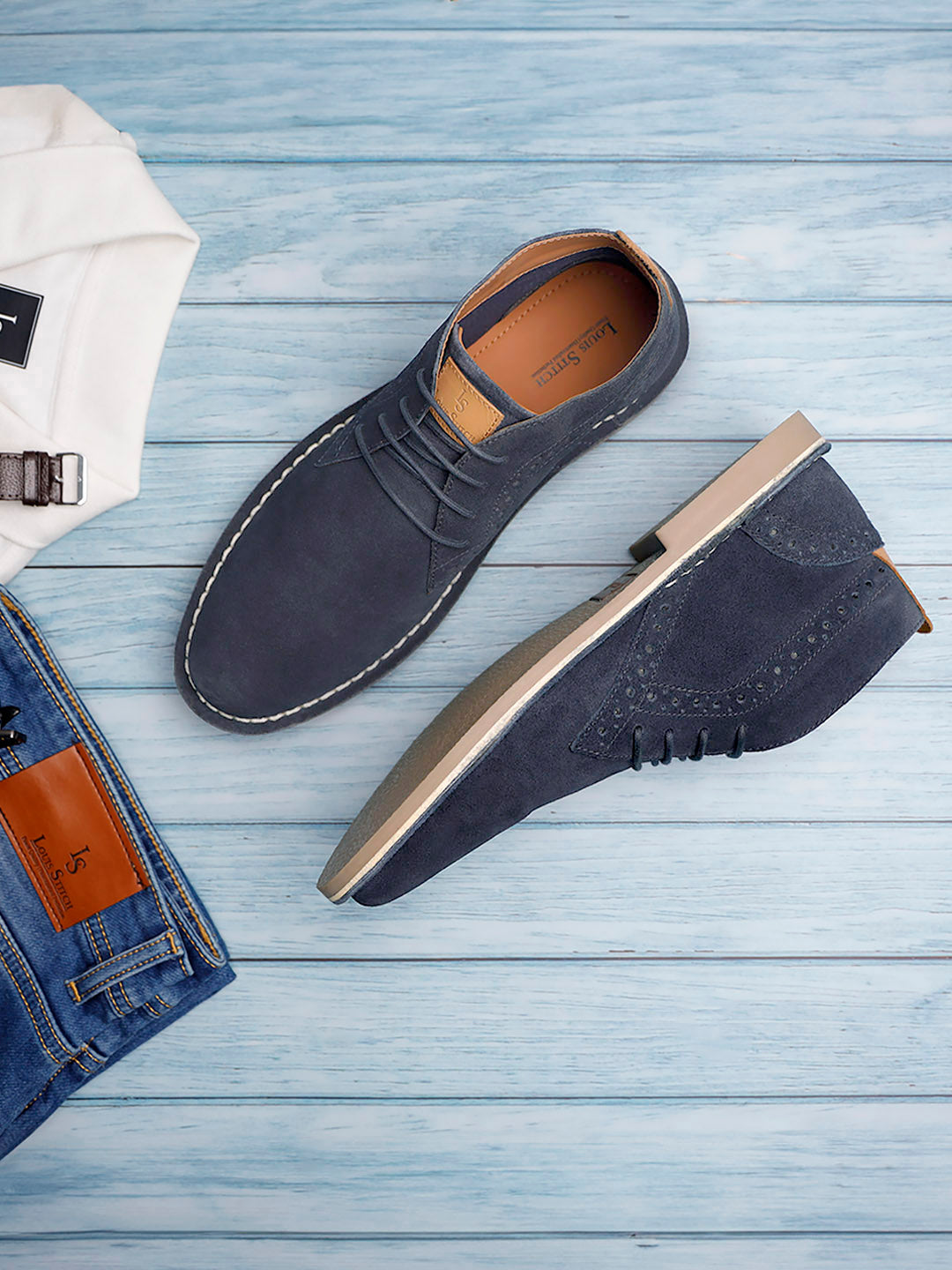 Federal Blue Italian Suede Leather British Stitch Down Brogue Chukka Boots