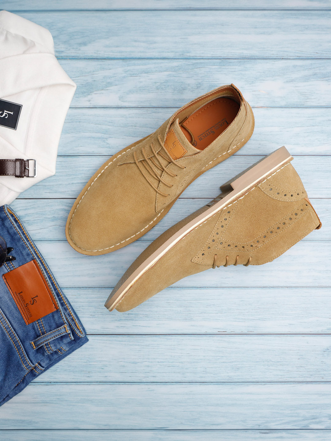 Oyester Cream Italian Suede Leather British Stitch Down Brogue Chukka Boots