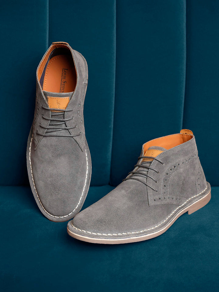 Ash Grey Italian Suede Leather British Stitch Down Brogue Chukka Boots