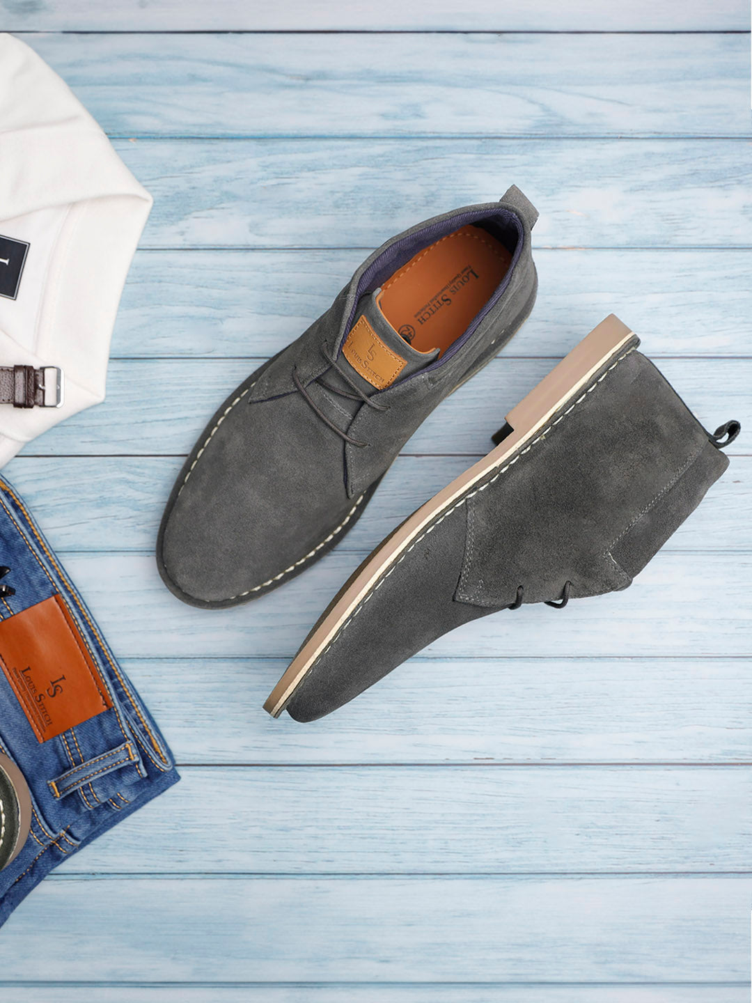 Ash Grey Italian Suede Leather British Stitch Down Chukka Boots