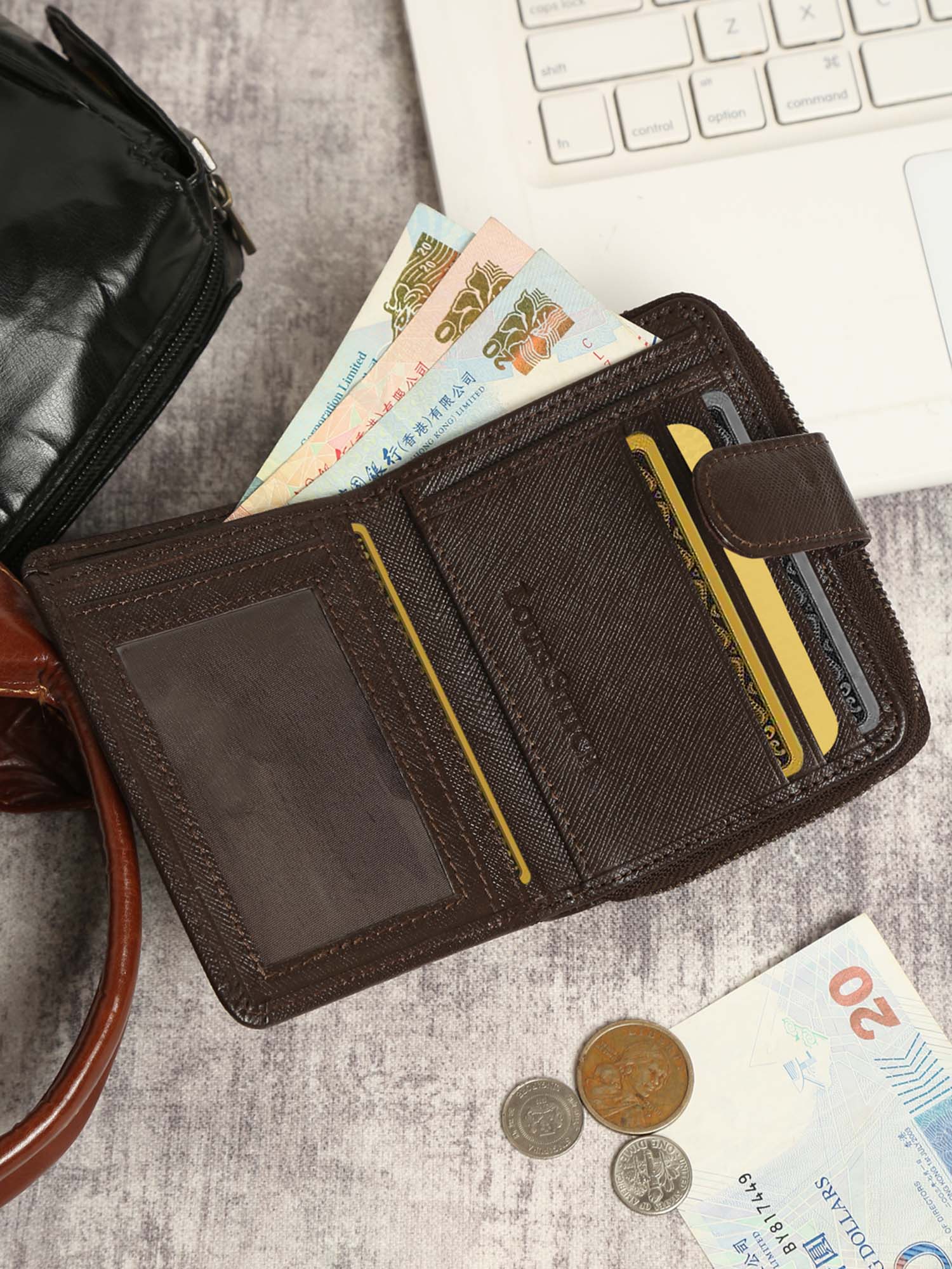 Bistre Brown Italian Saffiano Leather Wallet RFID Zip Protection