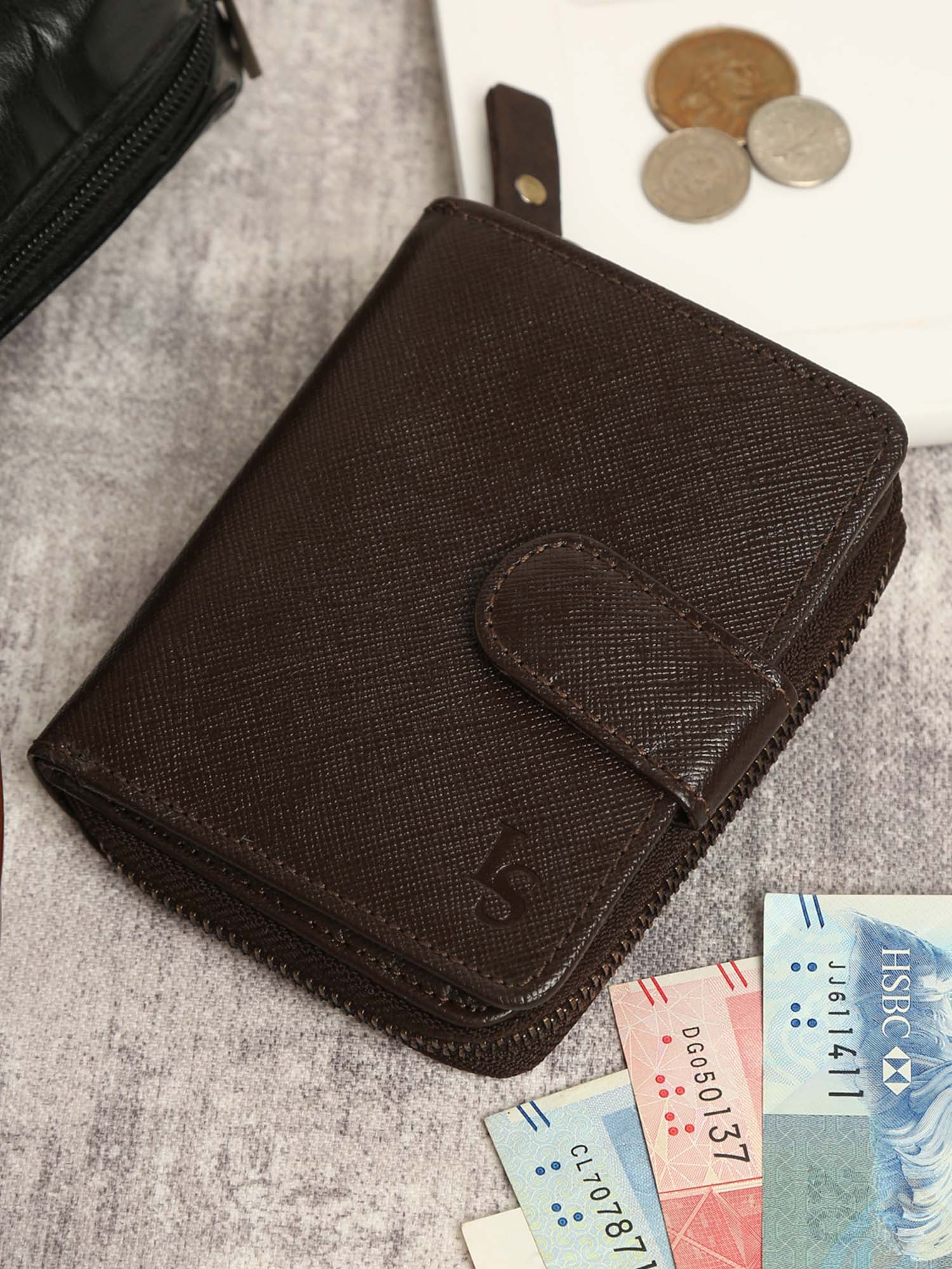 Bistre Brown Italian Saffiano Leather Wallet RFID Zip Protection