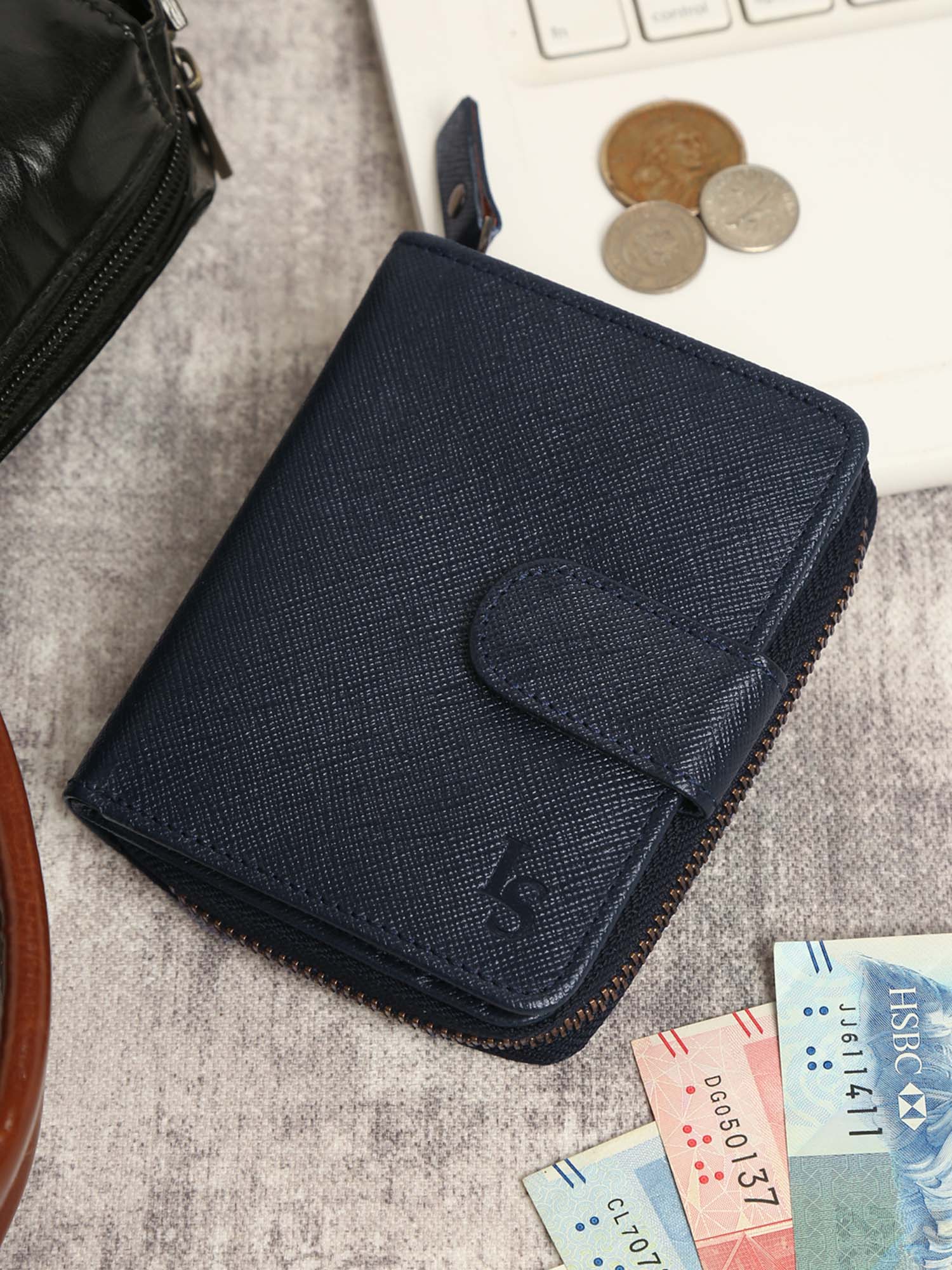 Denim Blue Italian Saffiano Leather Wallet RFID Zip Protection