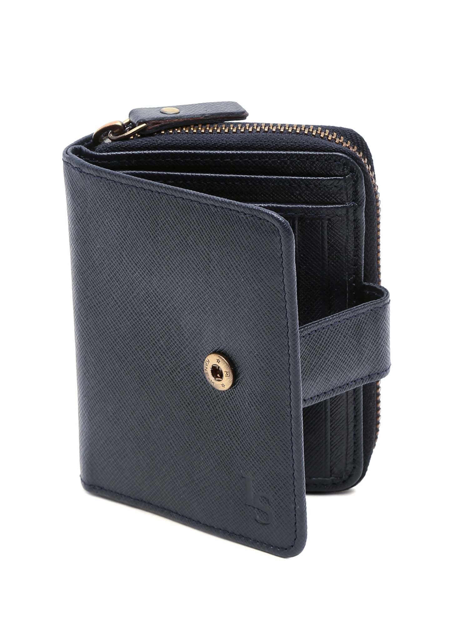 Denim Blue Italian Saffiano Leather Wallet RFID Zip Protection