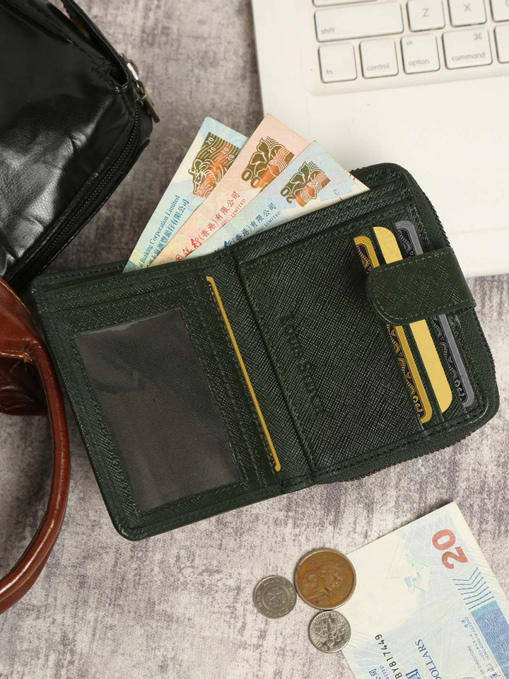  Seaweed Green Italian Saffiano Leather Wallet RFID Zip Protection