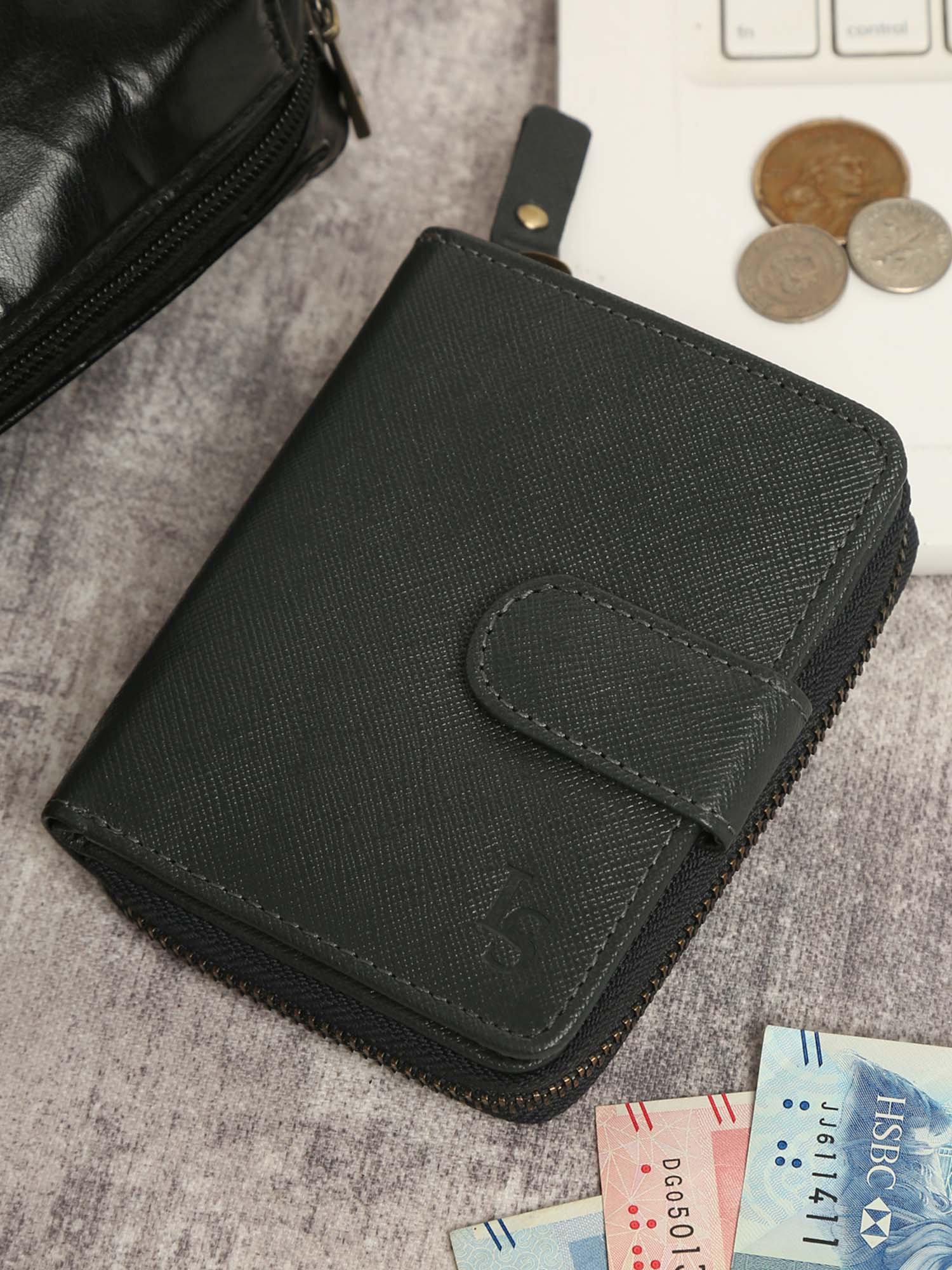 Grey Italian Saffiano Leather Wallet RFID Zip Protection