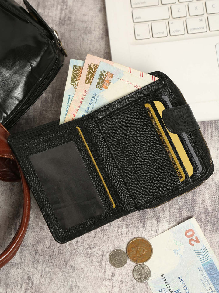  Jet Black Italian Saffiano Leather Wallet RFID Zip Protection