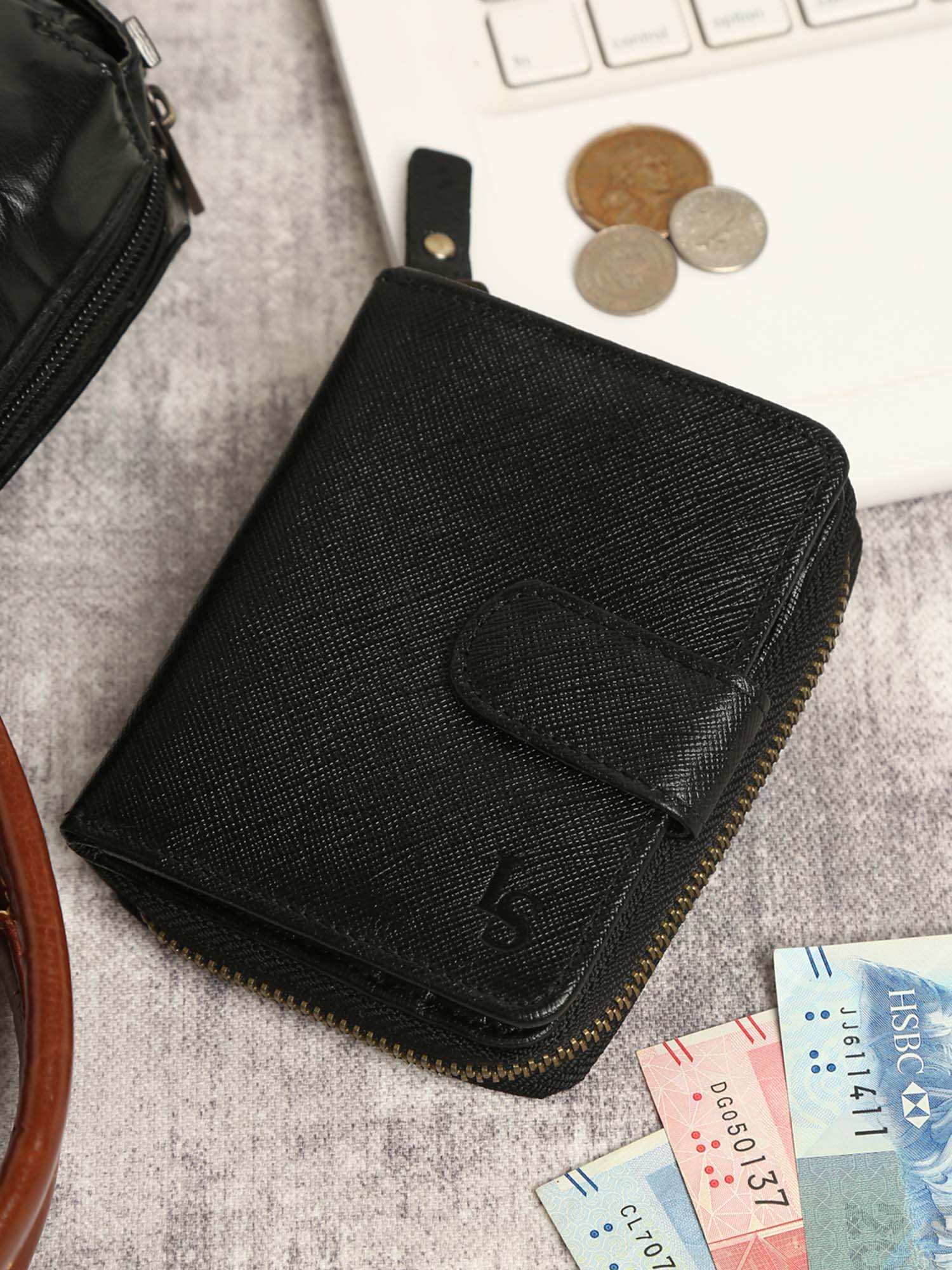 Jet Black Italian Saffiano Leather Wallet RFID Zip Protection
