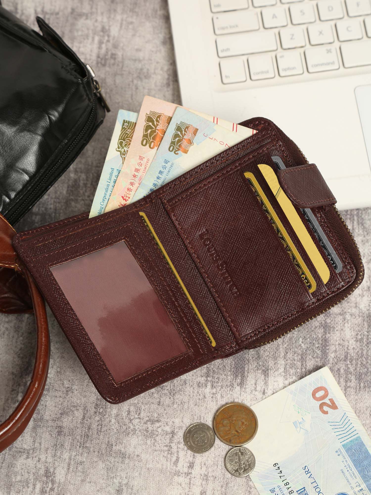 Rosewood Italian Saffiano Leather Wallet RFID Zip Protection