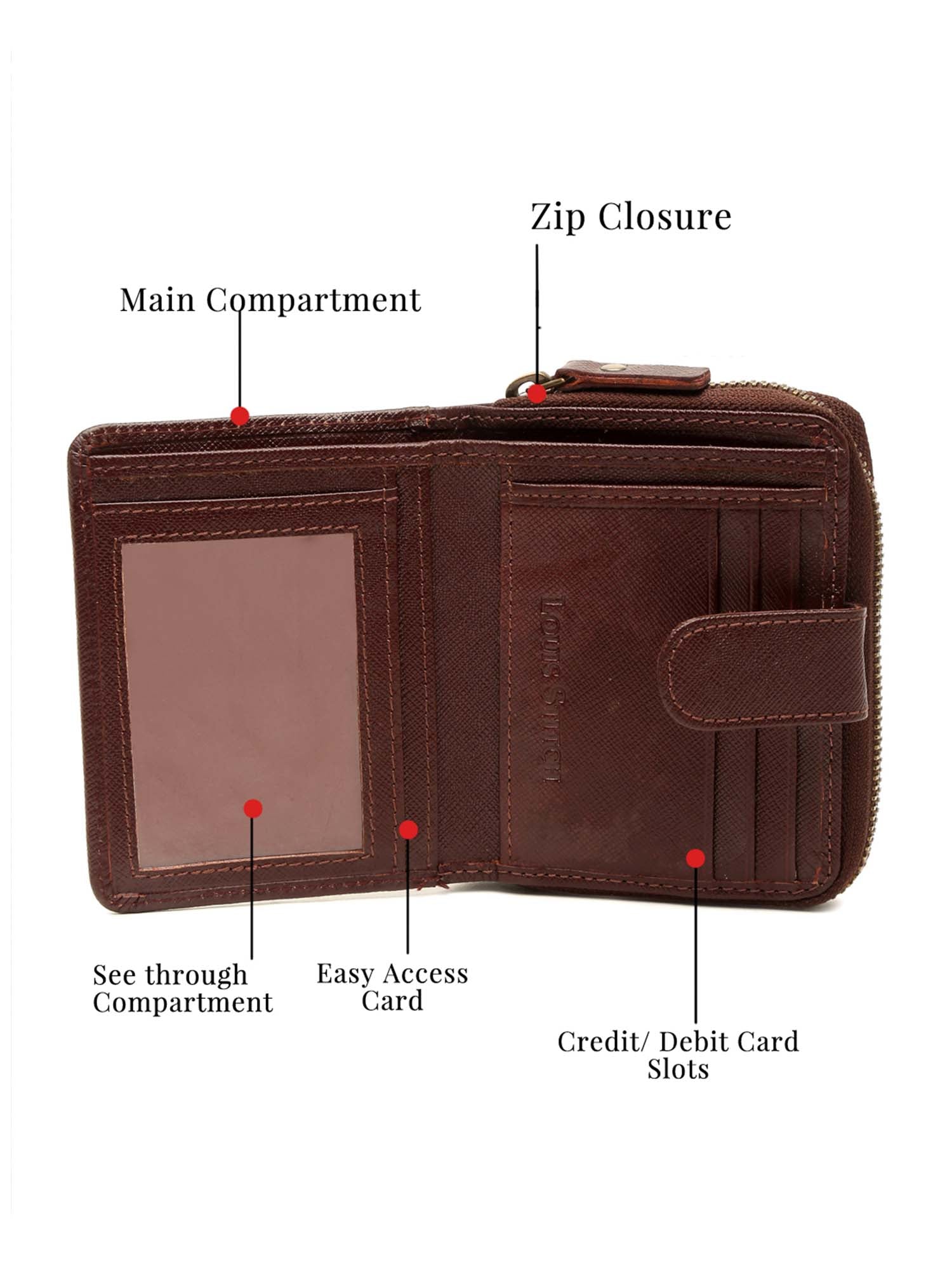 Rosewood Italian Saffiano Leather Wallet RFID Zip Protection