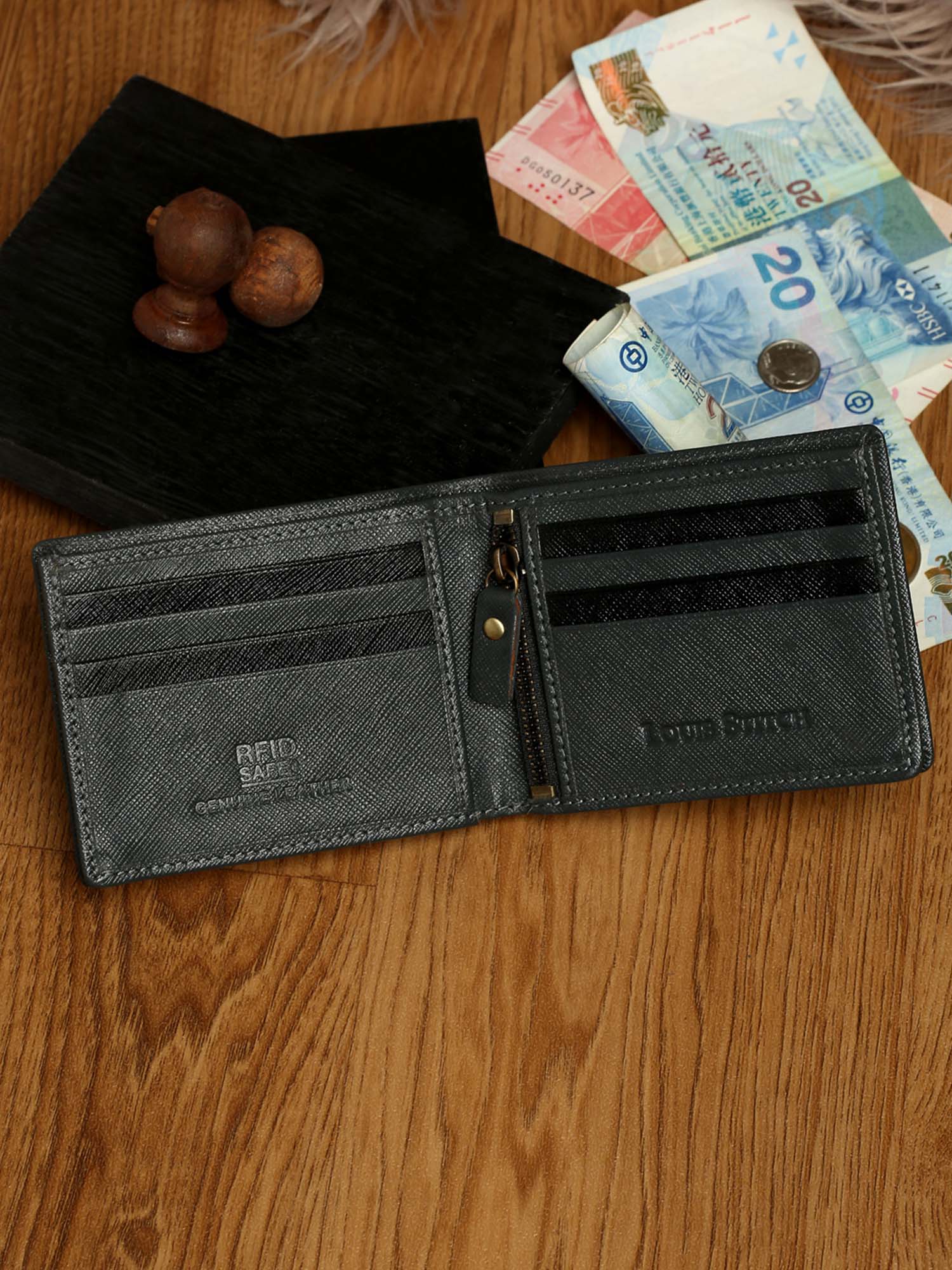 Ash Grey Italian Saffiano Leather RFID Slim Wallet