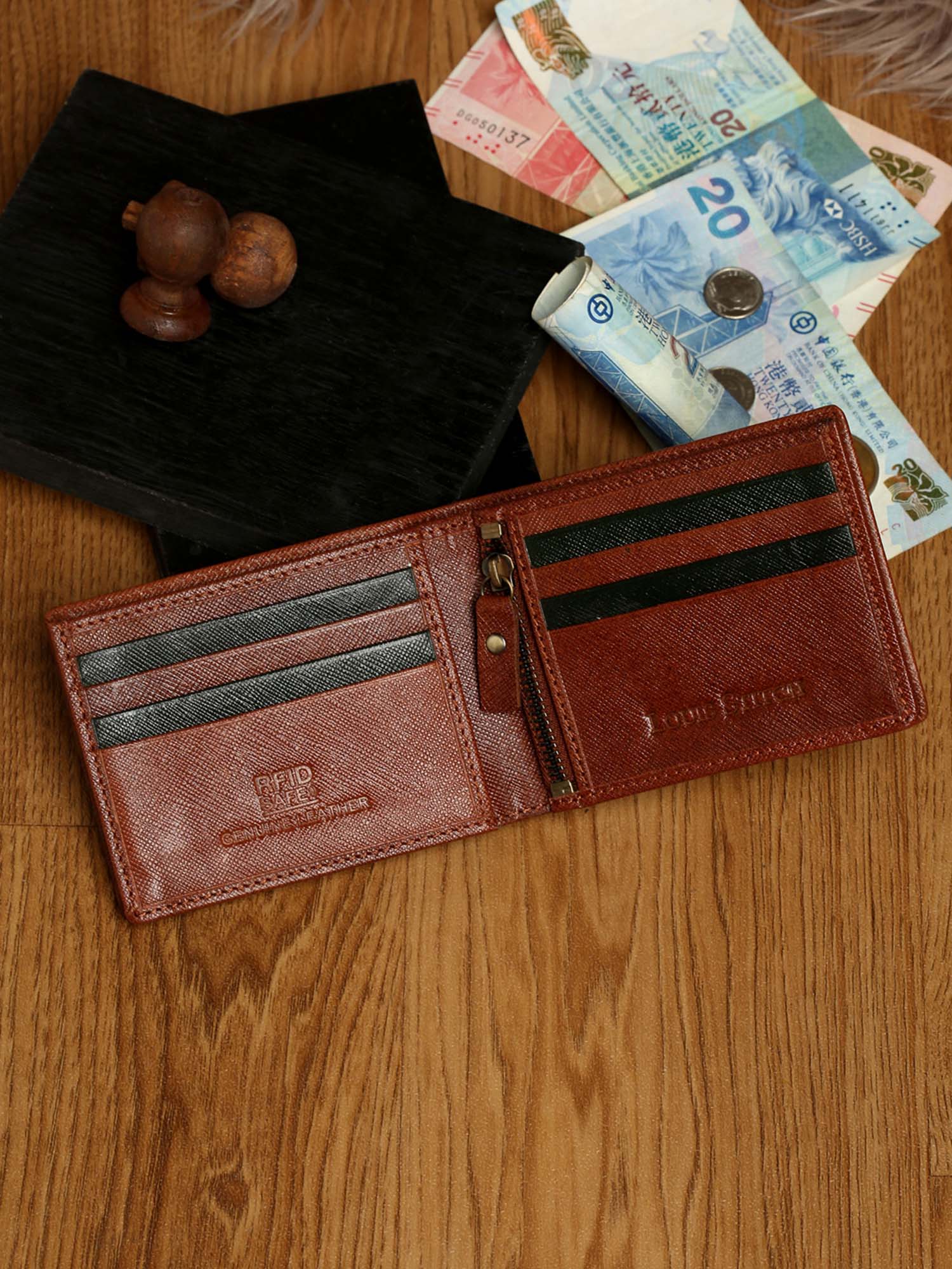 Russet Tan Italian Saffiano Leather RFID Slim Wallet