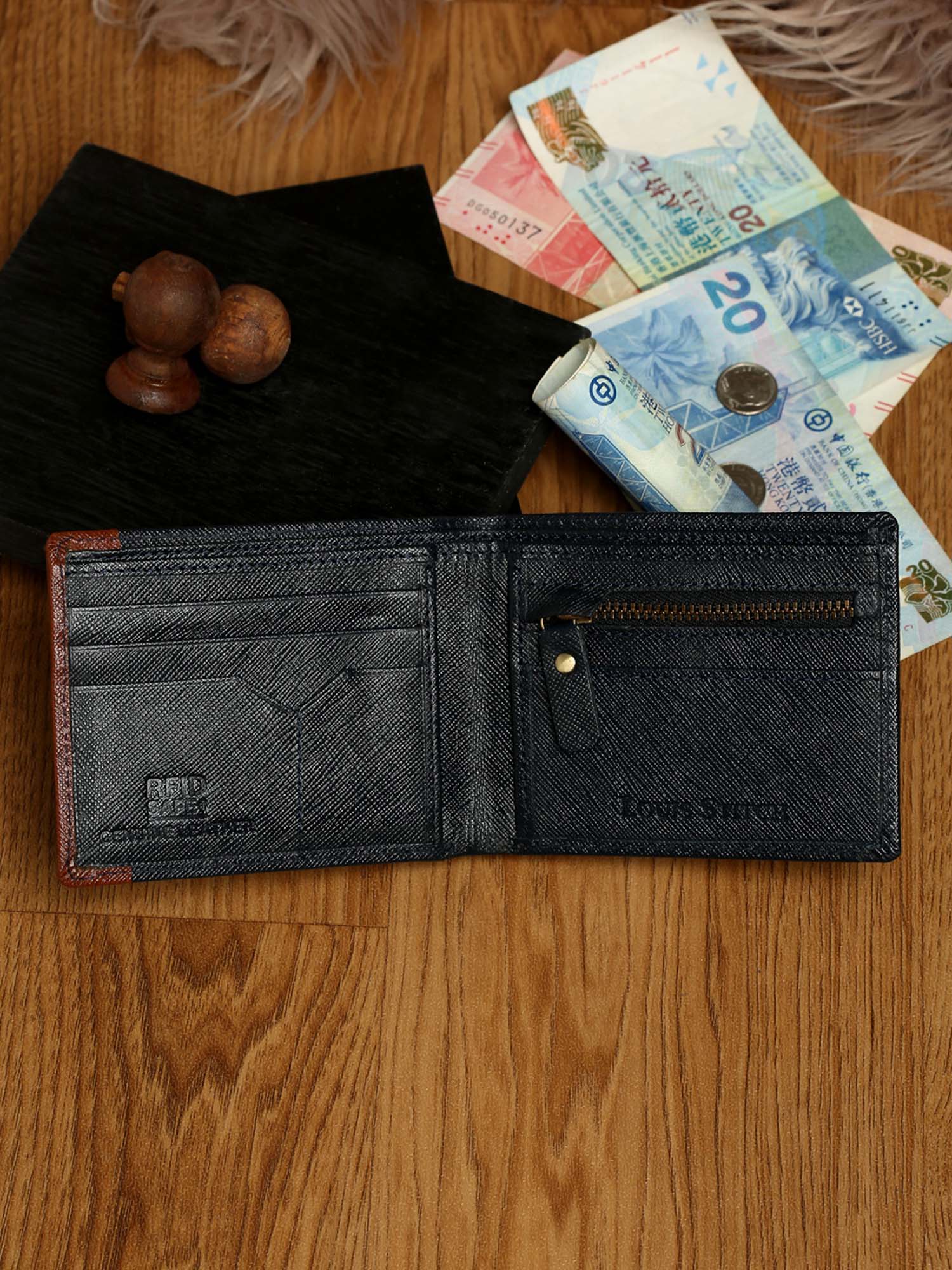 Federal Blue Italian Front Zip Saffiano Leather Wallet