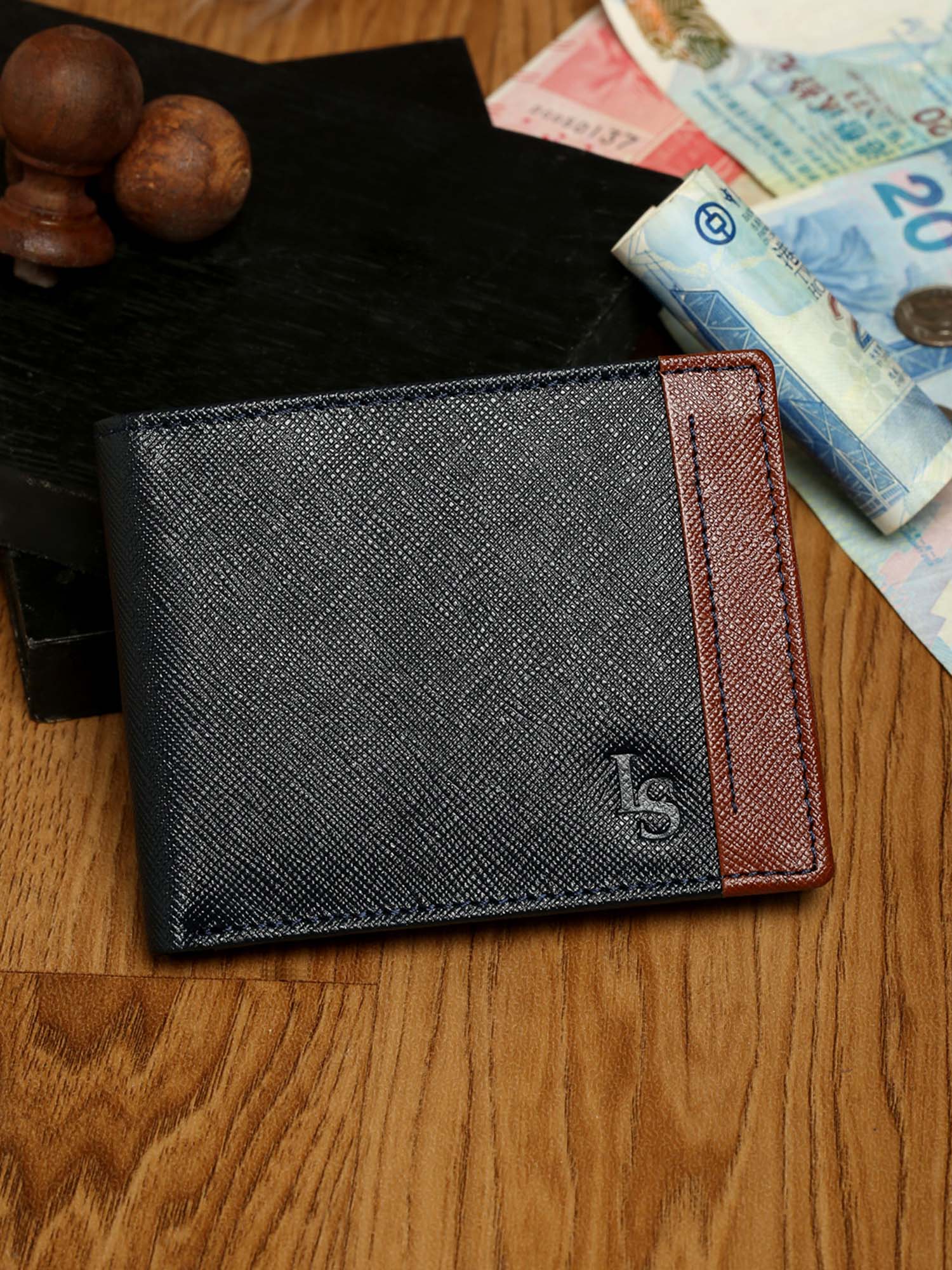 Federal Blue Italian Front Zip Saffiano Leather Wallet