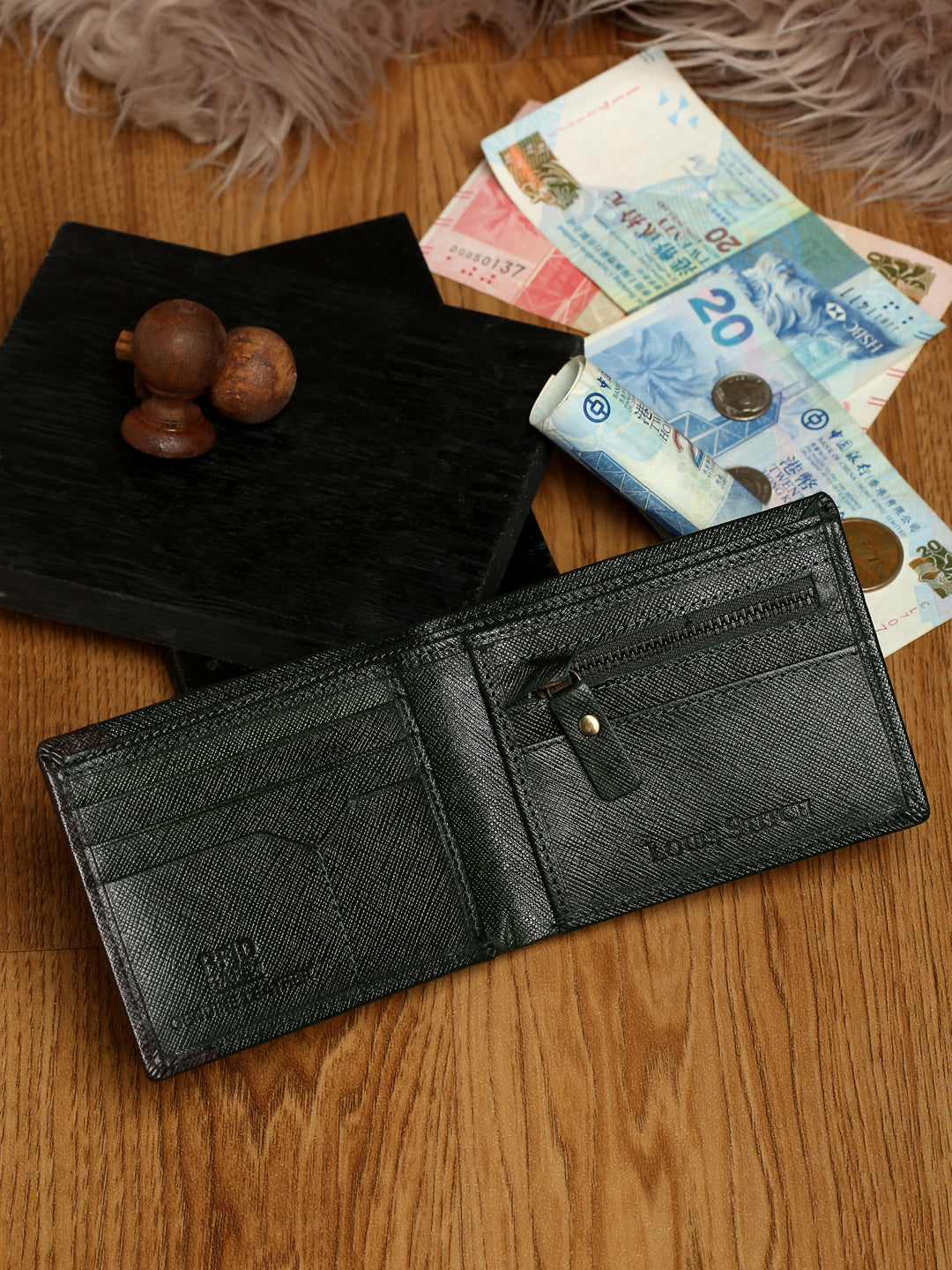 Seaweed Green Italian Front Zip Saffiano Leather Wallet