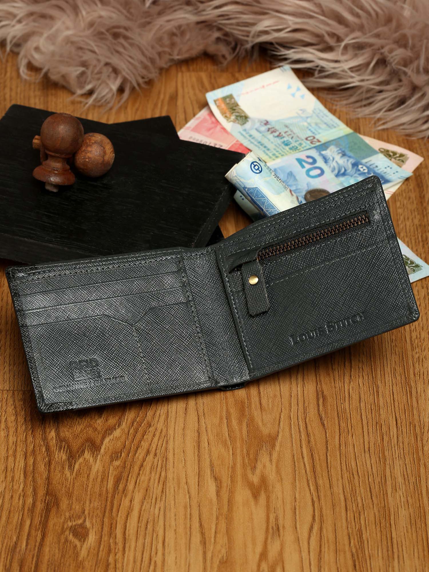 Ash Grey Italian Front Zip Saffiano Leather Wallet