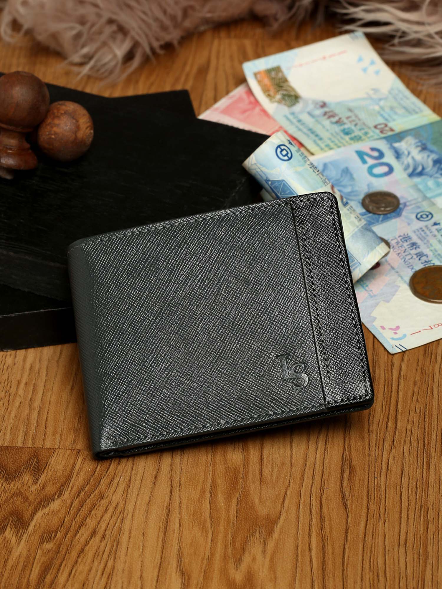 Ash Grey Italian Front Zip Saffiano Leather Wallet