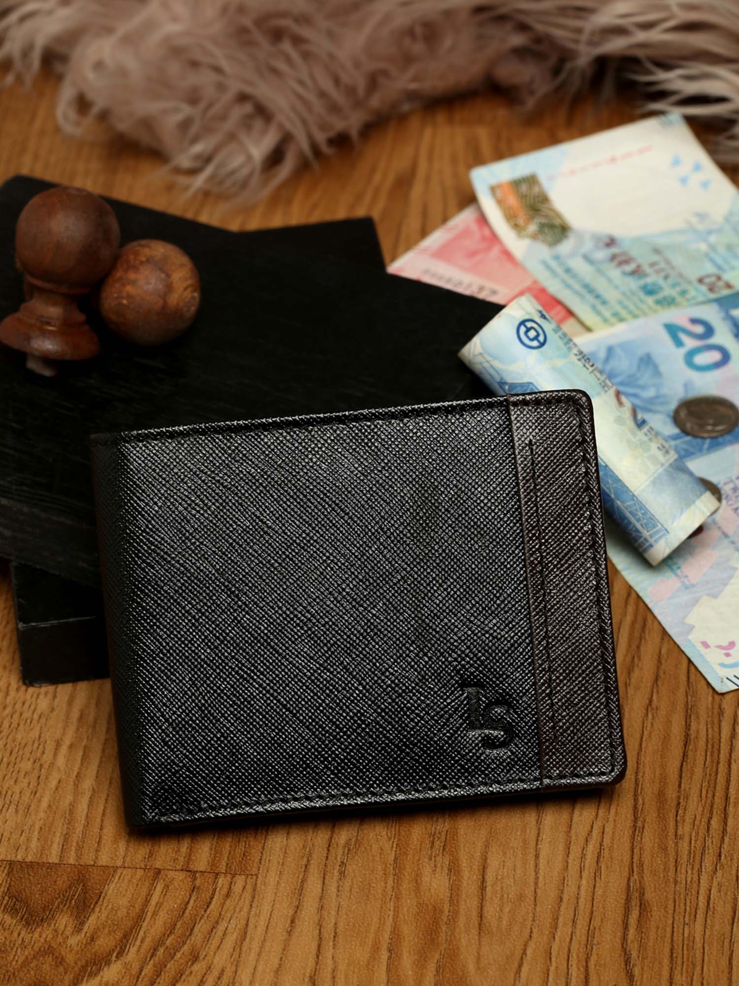 Jet Black Italian Front Zip Saffiano Leather Wallet