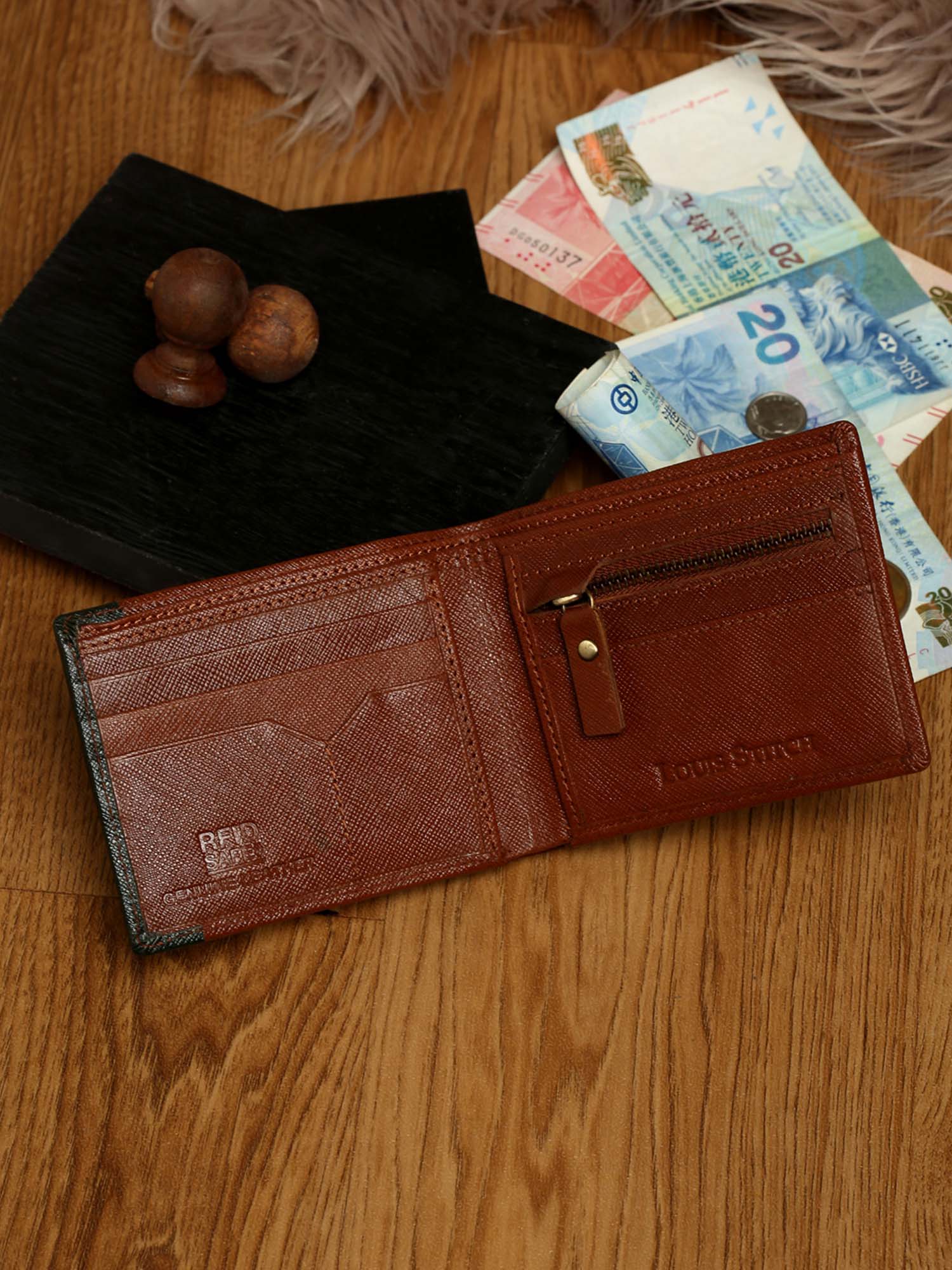 Russet Tan Italian Front Zip Saffiano Leather Wallet