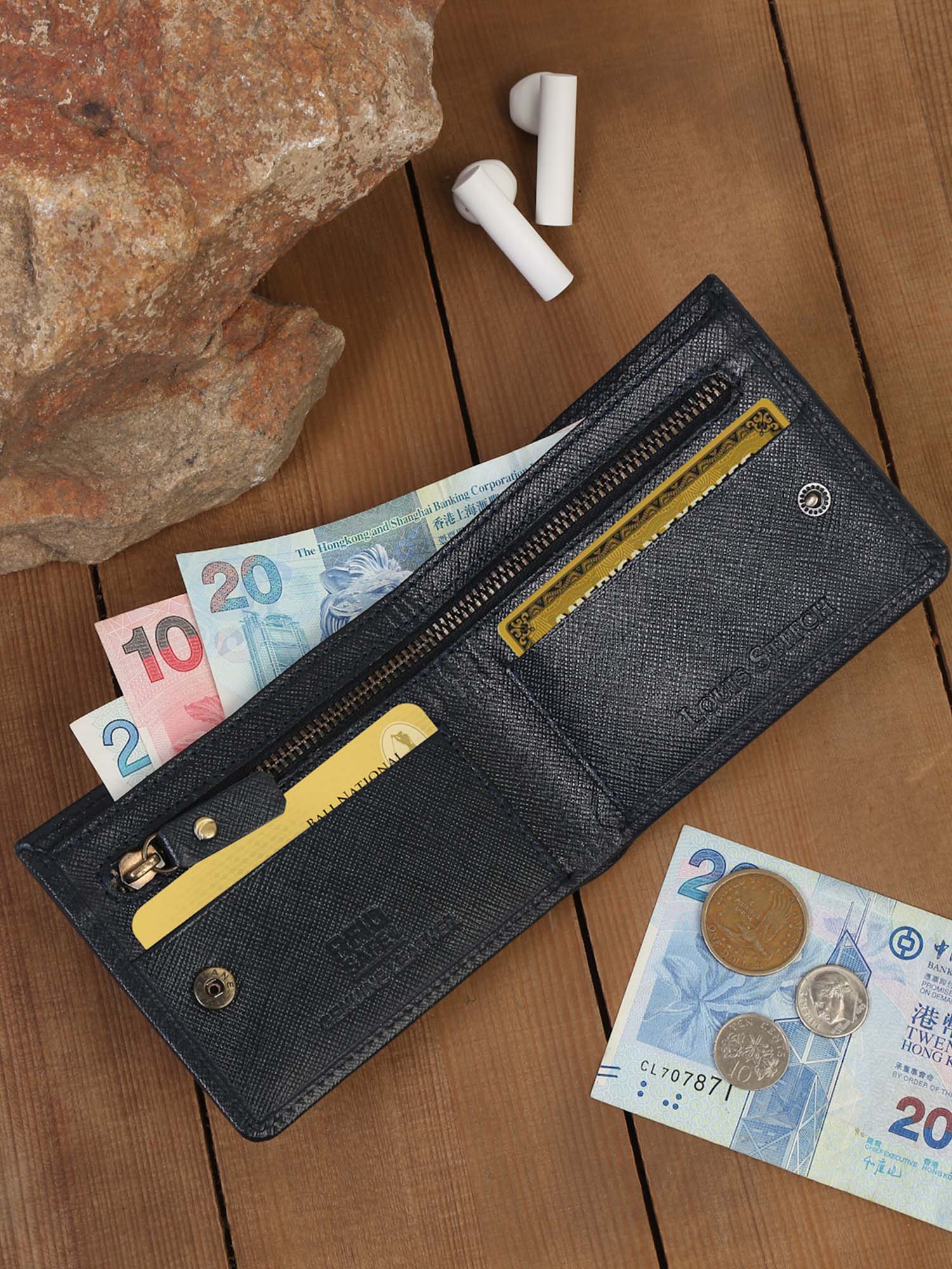 Denim Blue Italian Saffiano Leather Zipper Wallet