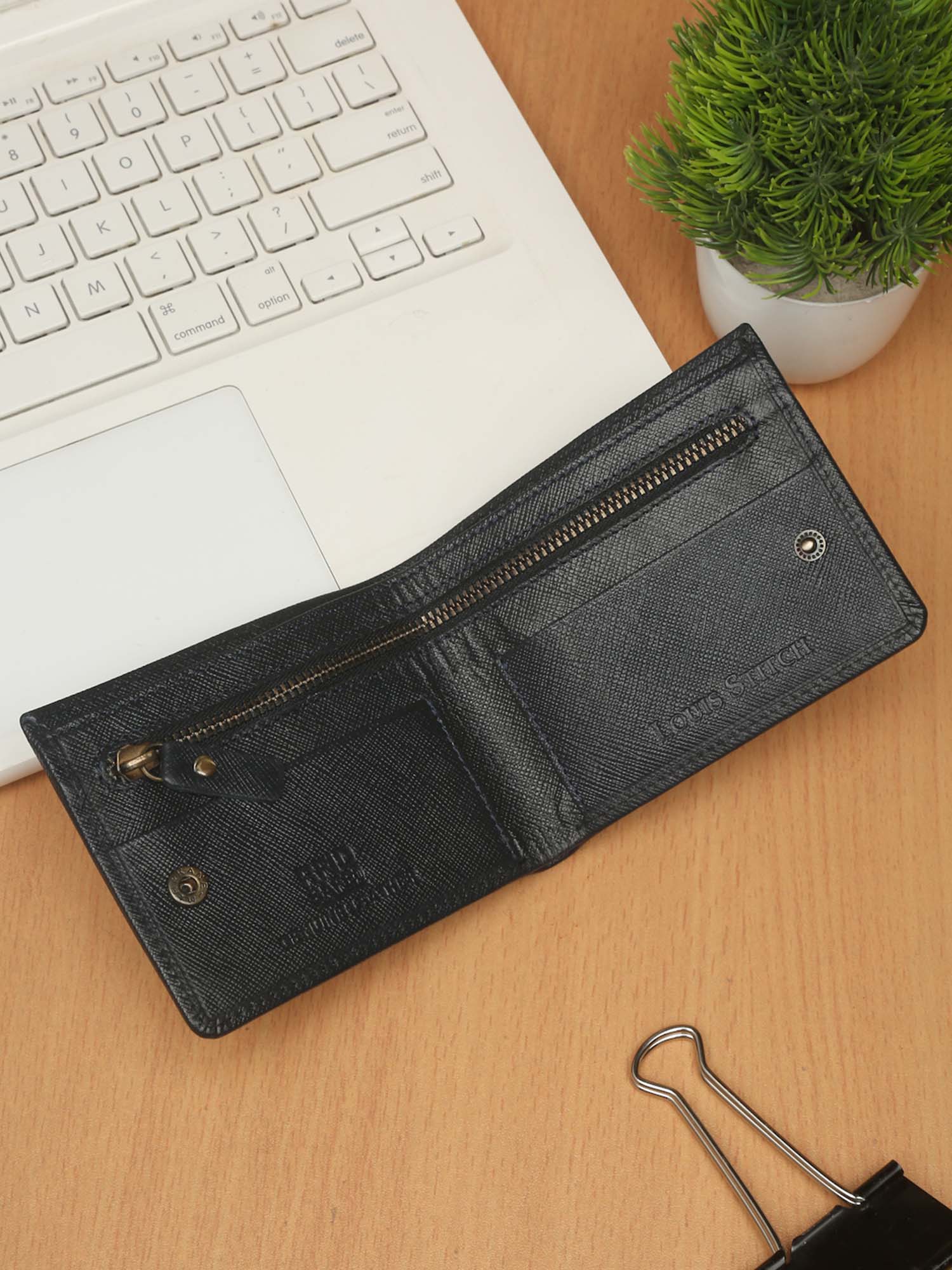 Denim Blue Italian Saffiano Leather Zipper Wallet
