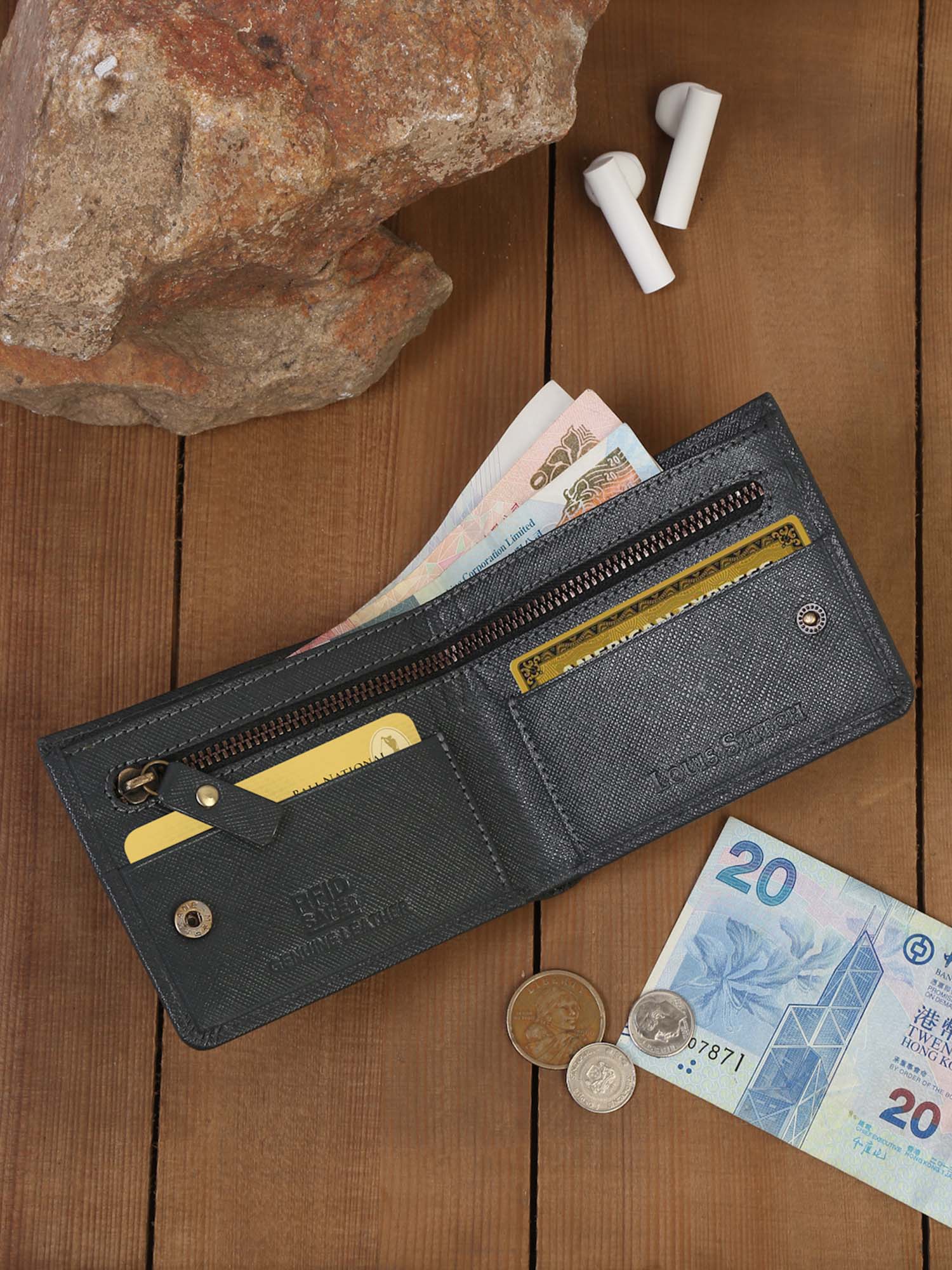 Grey Italian Saffiano Leather Zipper Wallet