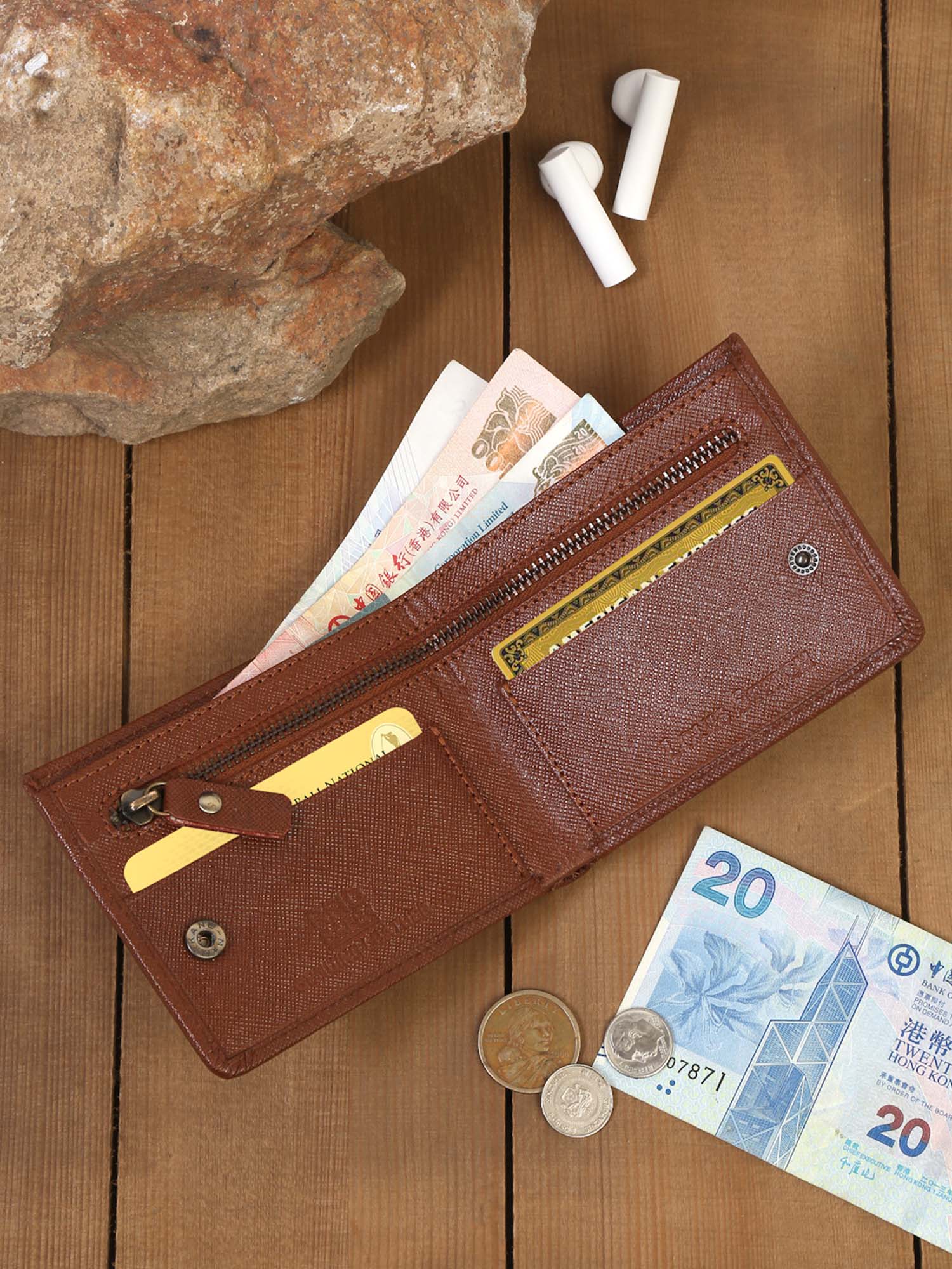 British Tan Italian Saffiano Leather Zipper Wallet
