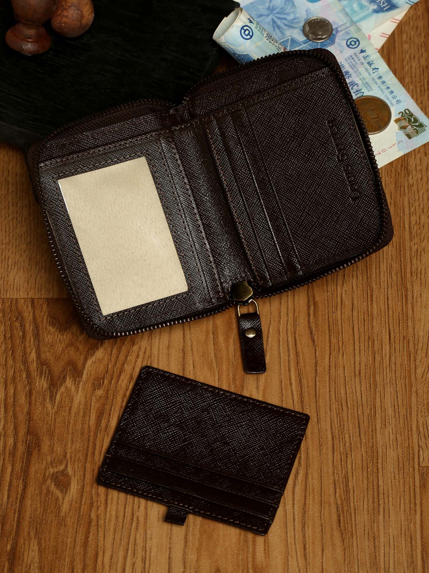Bistre Brown Italian Zipper Saffiano Leather Wallet