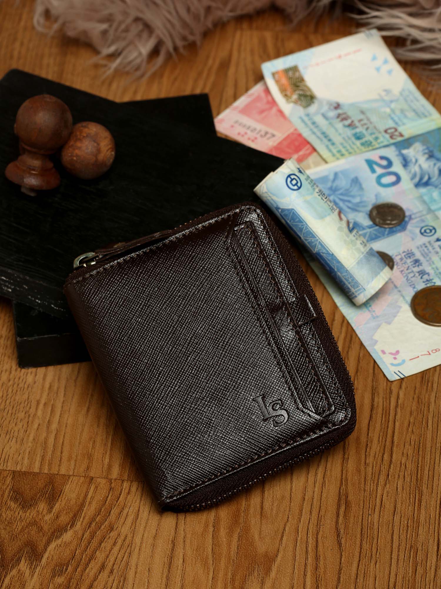 Bistre Brown Italian Zipper Saffiano Leather Wallet