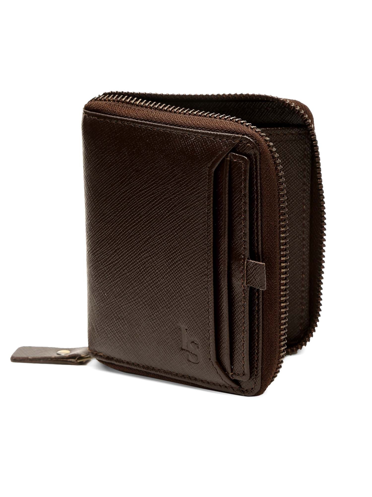 Bistre Brown Italian Zipper Saffiano Leather Wallet