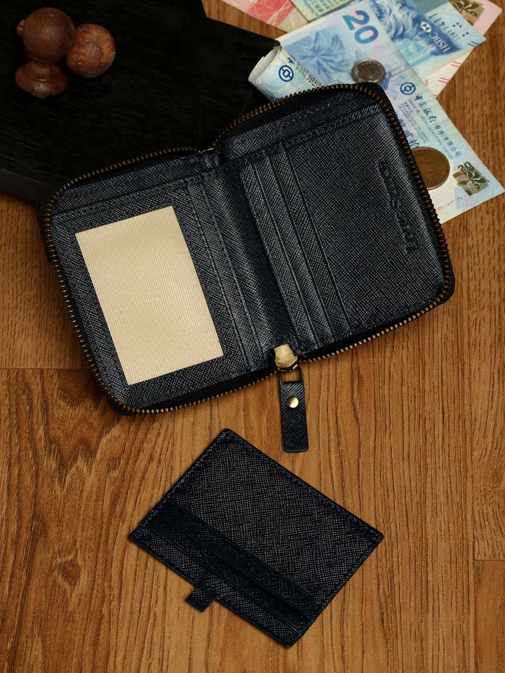  Federal Blue Italian Zipper Saffiano Leather Wallet