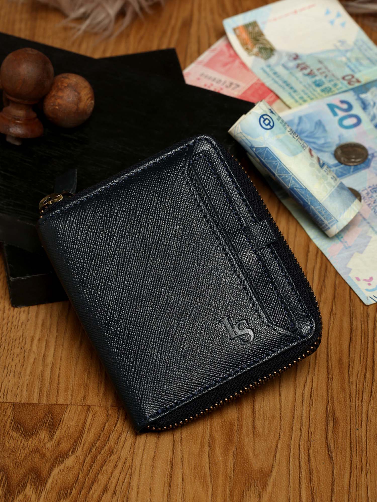 Federal Blue Italian Zipper Saffiano Leather Wallet