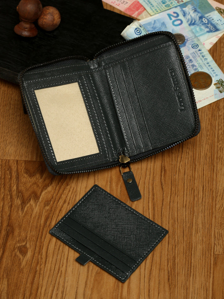  Ash Grey Italian Zipper Saffiano Leather Wallet