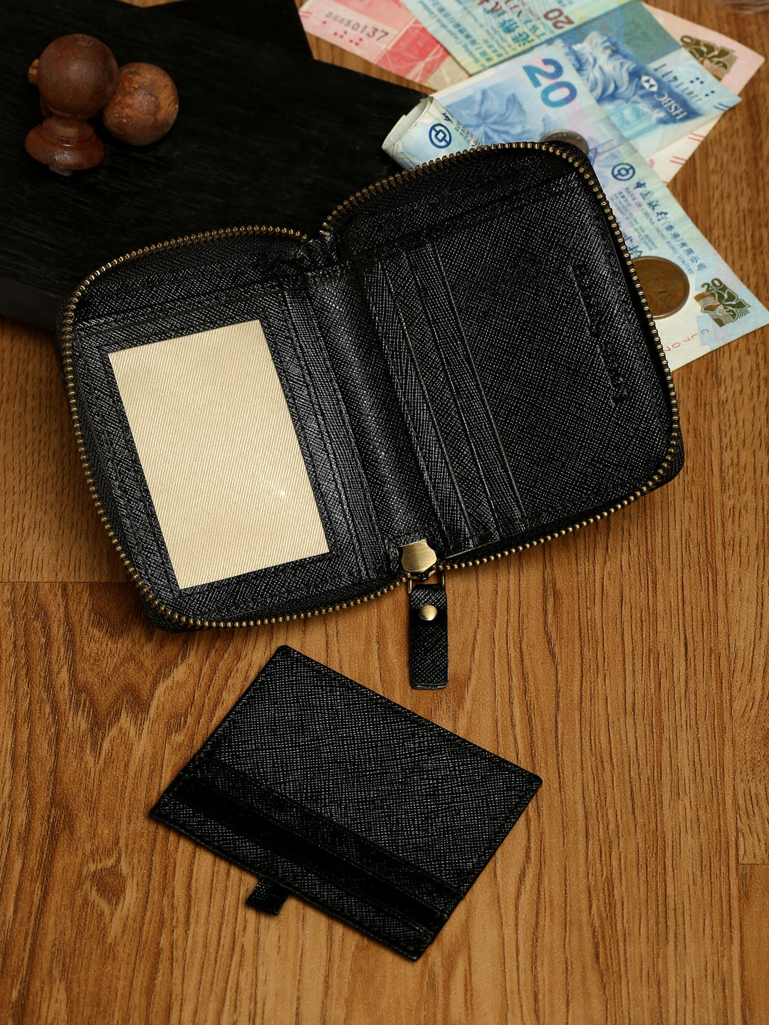 Jet Black Italian Zipper Saffiano Leather Wallet