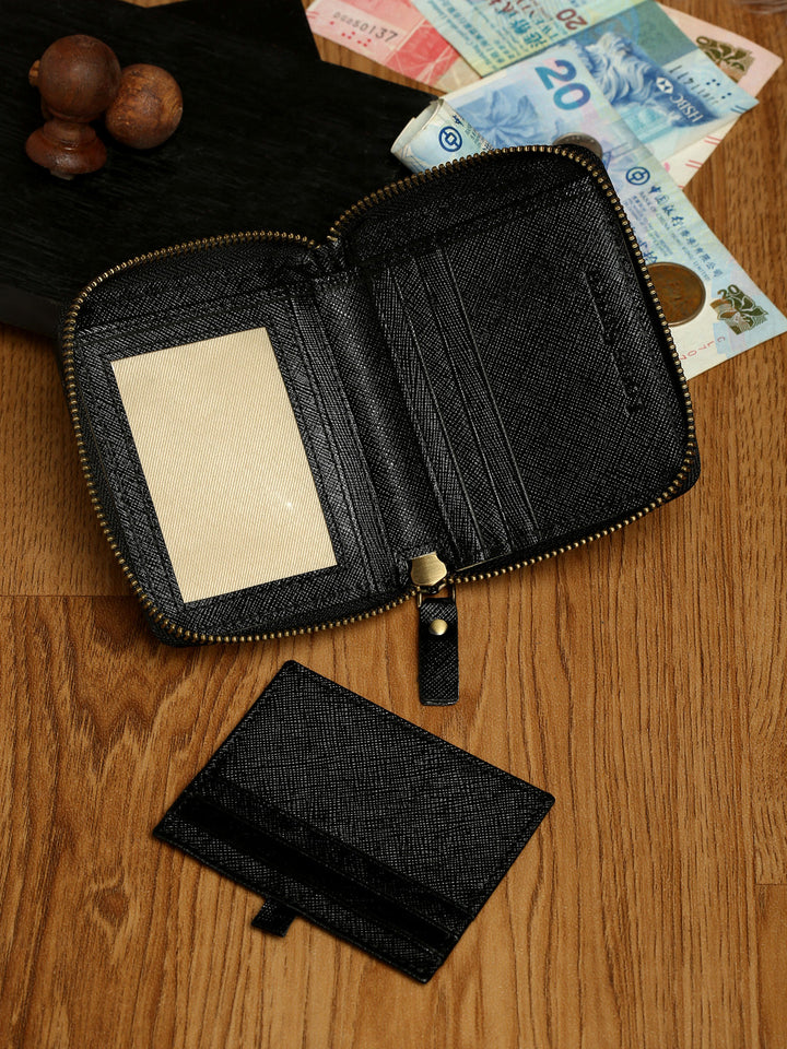  Jet Black Italian Zipper Saffiano Leather Wallet