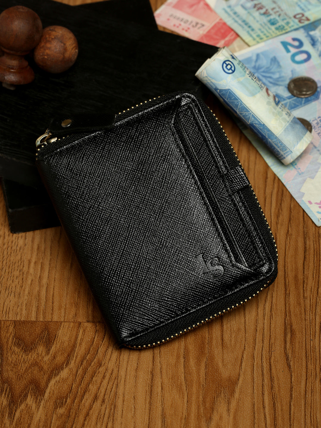 Jet Black Italian Zipper Saffiano Leather Wallet