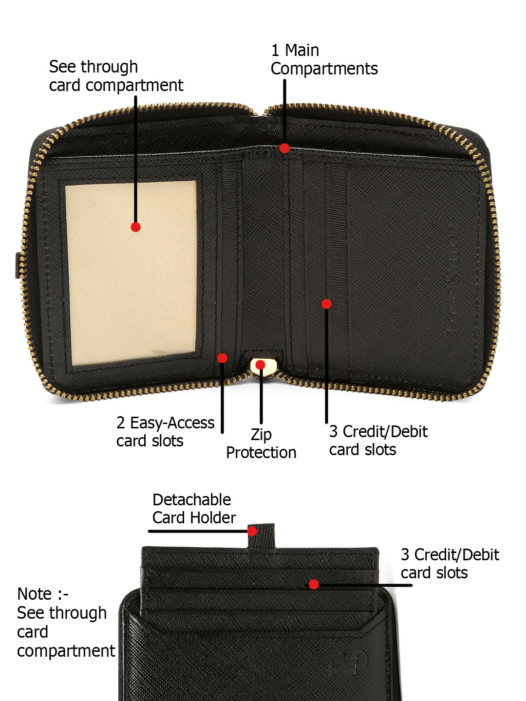 Jet Black Italian Zipper Saffiano Leather Wallet