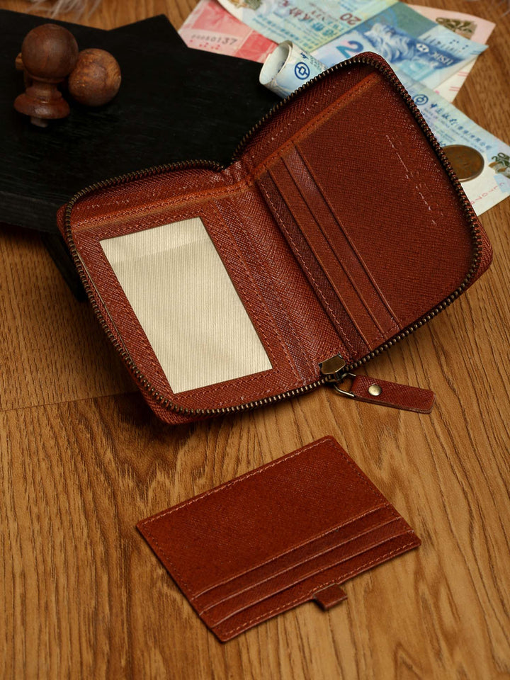  Russet Tan Italian Zipper Saffiano Leather Wallet