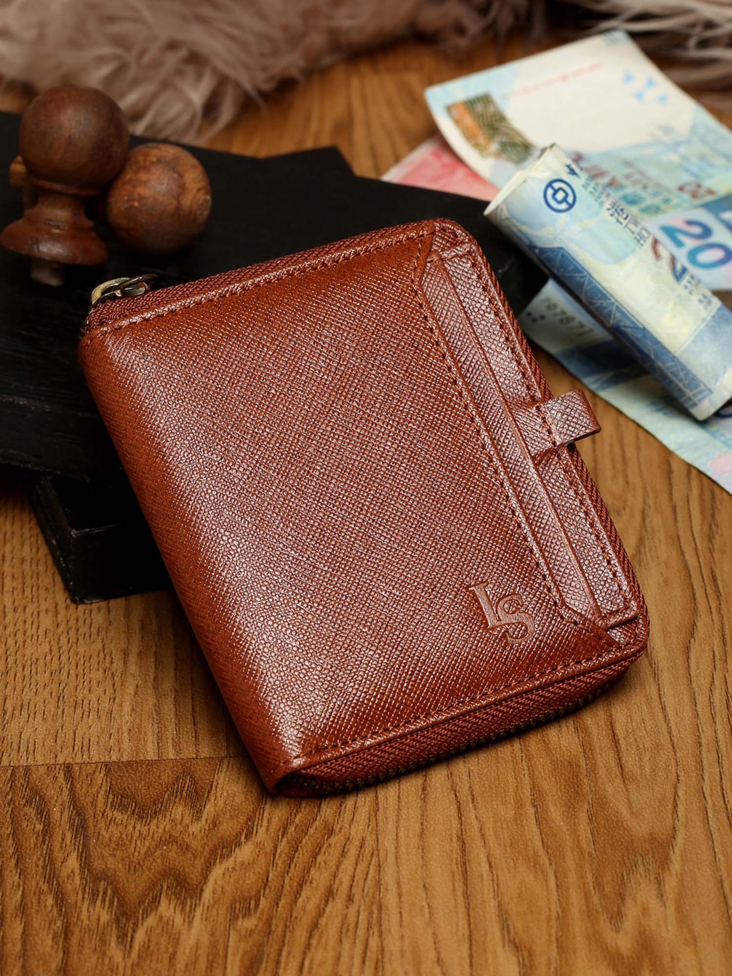 Russet Tan Italian Zipper Saffiano Leather Wallet