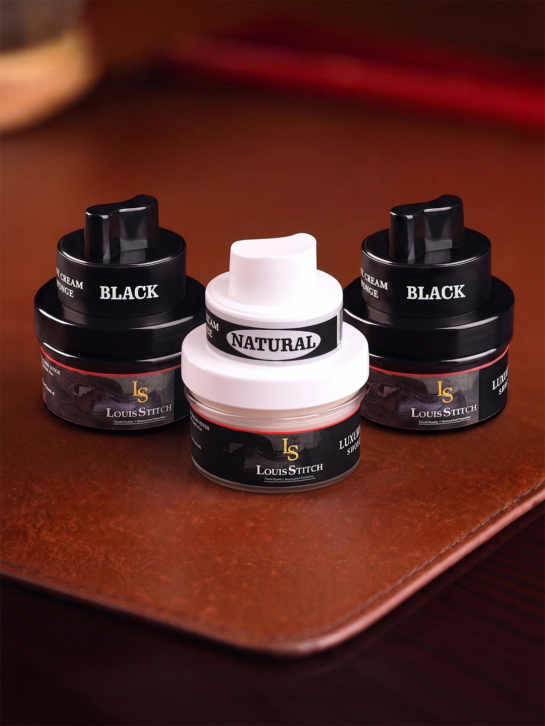 Black and Neutral Leather Shoe Cream with Applicator For Leather items