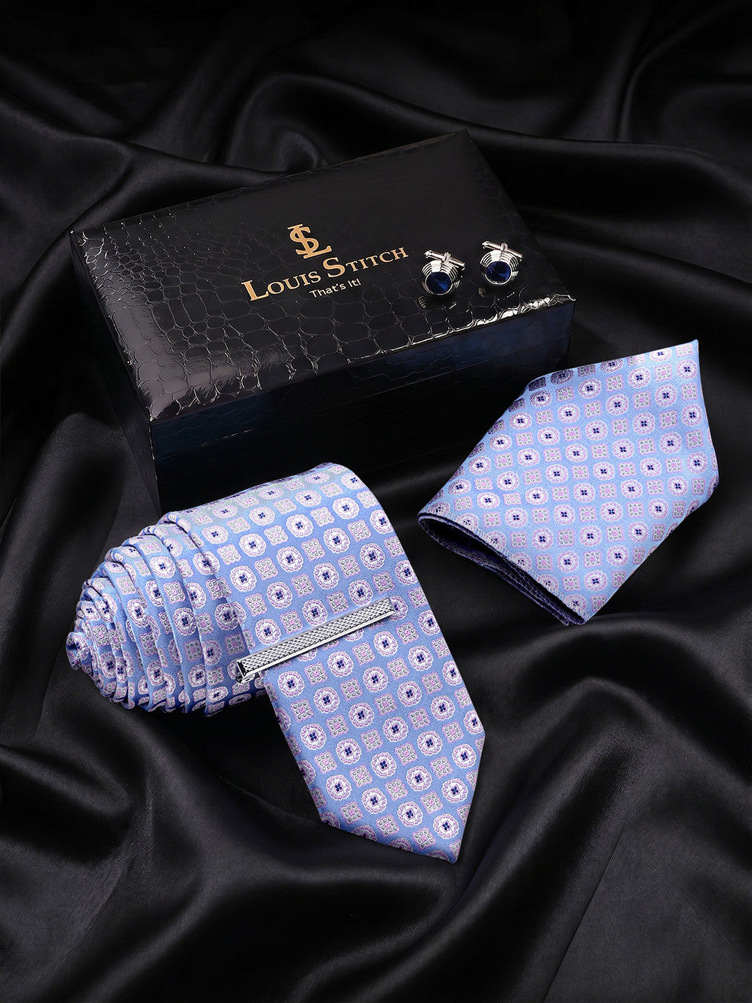 Patterned Blue Luxury Polyster Micro Fabric Necktie Set Pocket Square Chrome Tiepin Cufflinks and Brooch