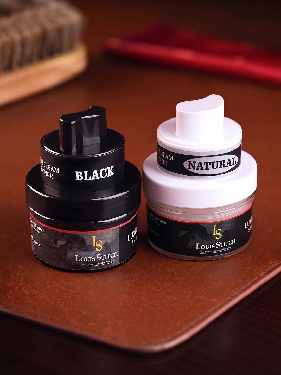 Black and Neutral Leather Shoe Cream with Applicator For Leather items