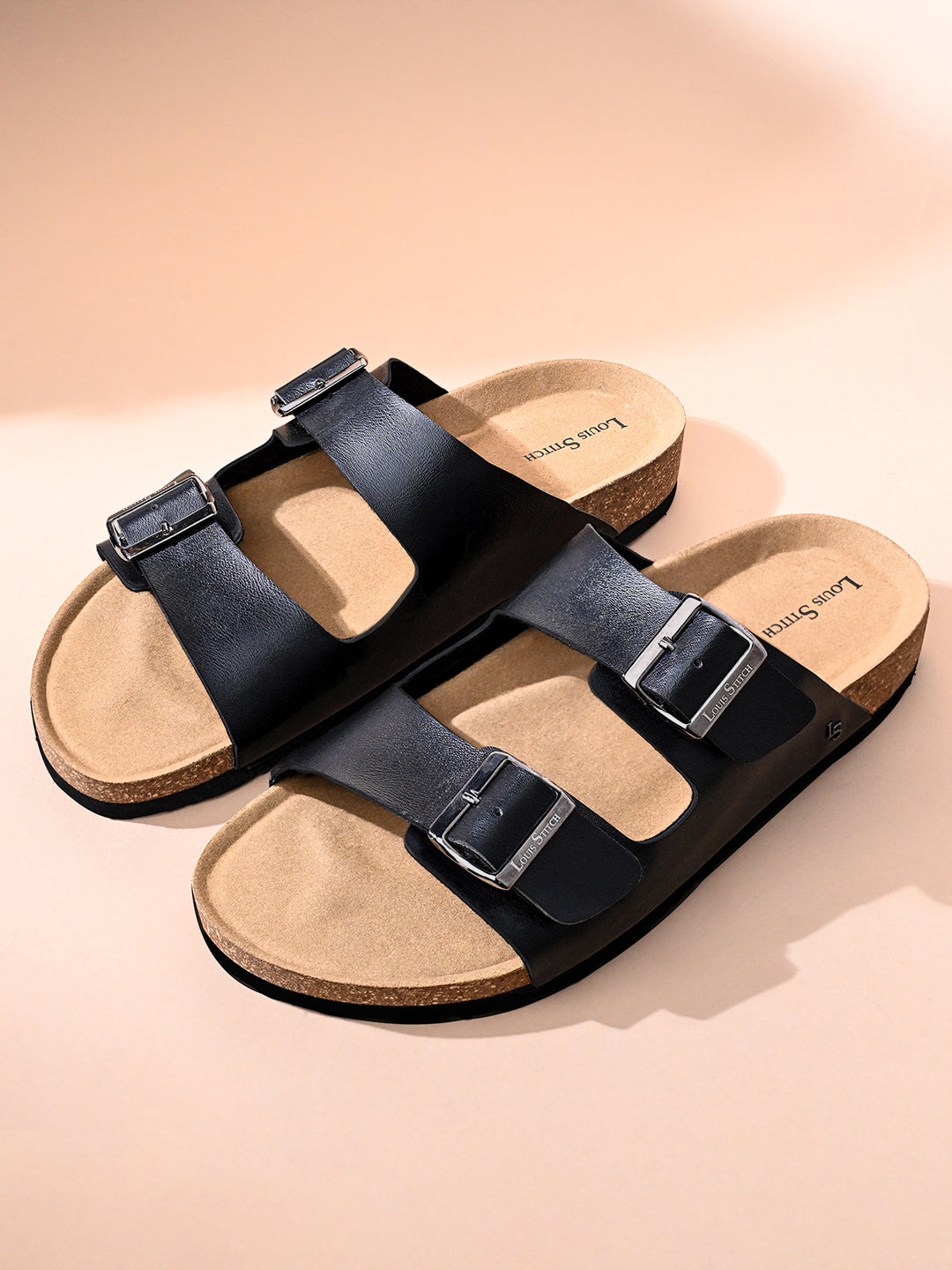 Jet Black Lightweight Open Toe Double Strap Slip-on Cork Sandal